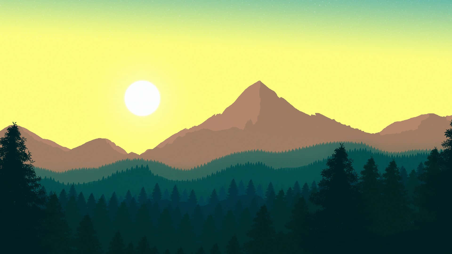 Minimalist Forest 桌布 壁紙 — 風格化的山脈在日落時分，層疊的森林和發光的太陽映襯著漸變的天空。