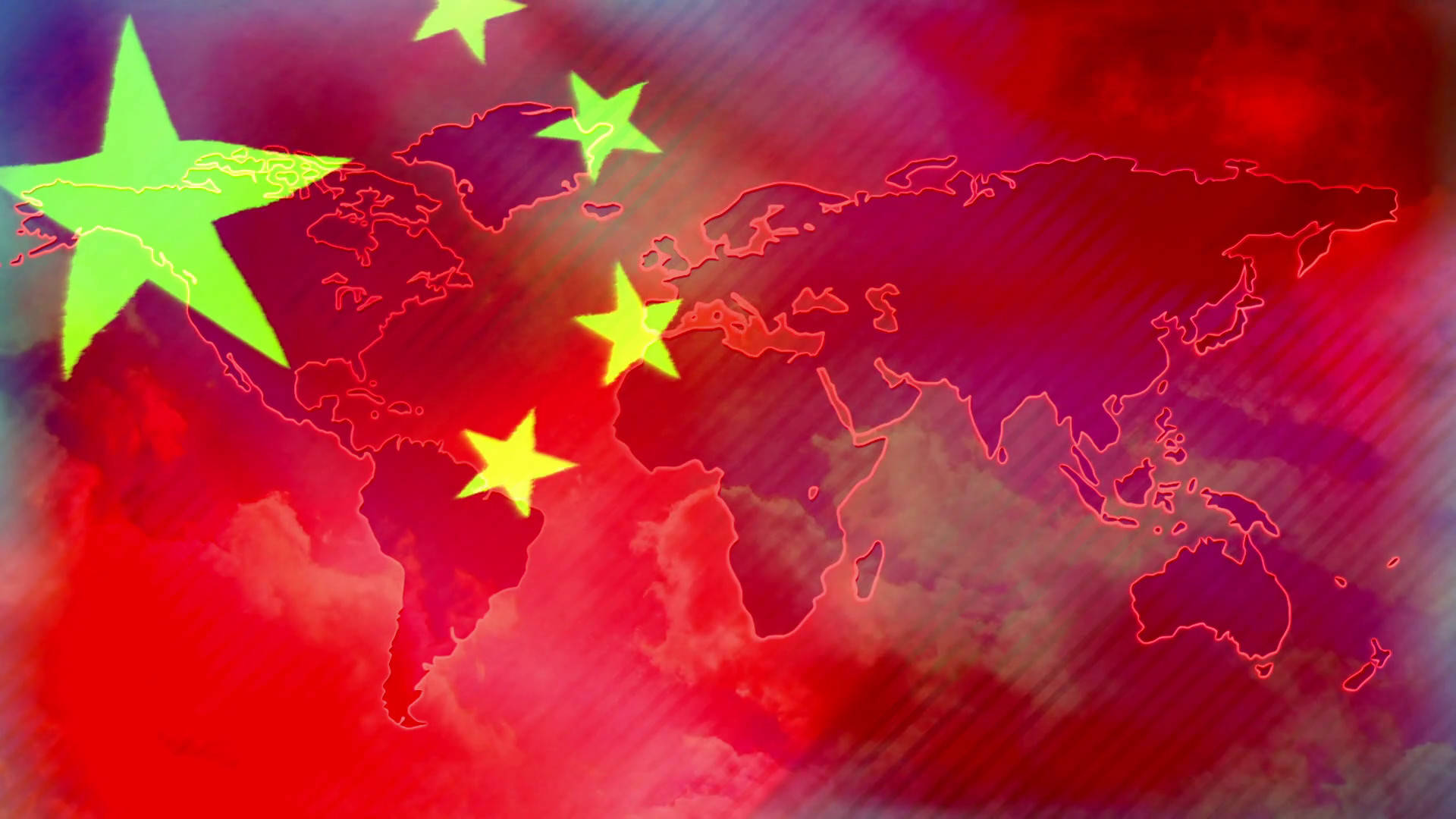 世界地圖，中國國旗星星在火紅天空下發光。 — 中國國旗 壁紙