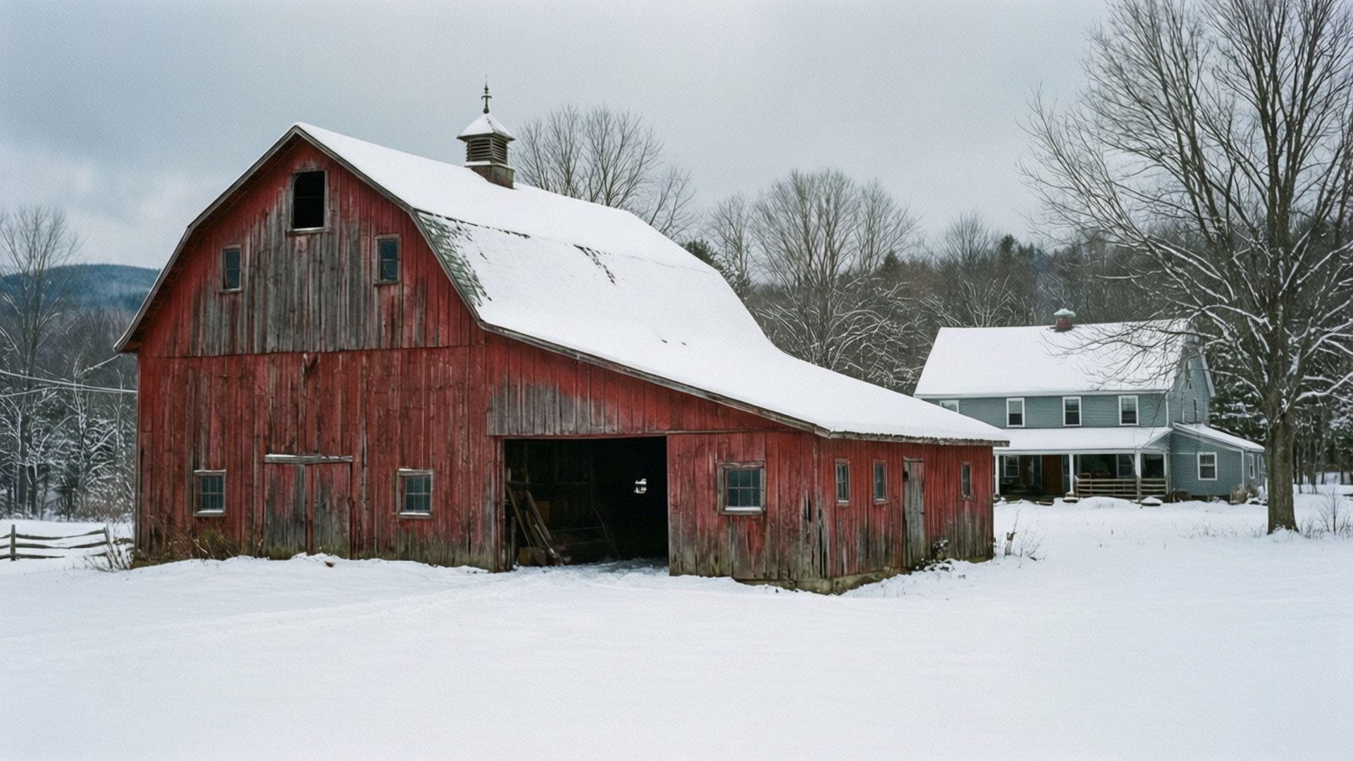 Snowy Vermont Barn 壁紙 — 一座風化的紅色穀倉，屋頂積雪，矗立在一座灰色農舍旁，在寧靜的冬季景觀中。