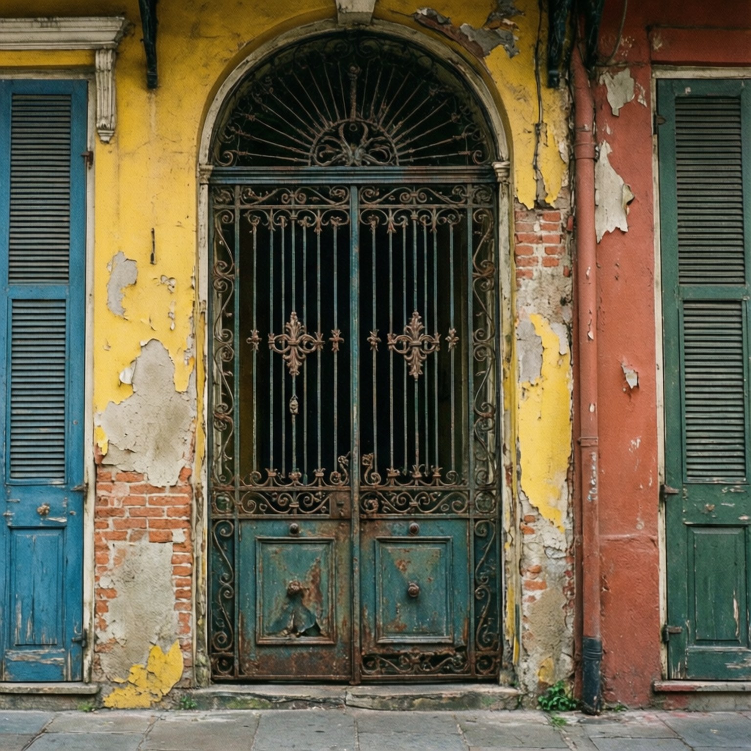 Wrought Iron and Shutters 壁紙 — 一扇風化的華麗鐵門帶有生鏽的藍色面板，矗立在剝落的黃色和紅色牆壁之間，兩側有藍色和綠色的百葉窗。