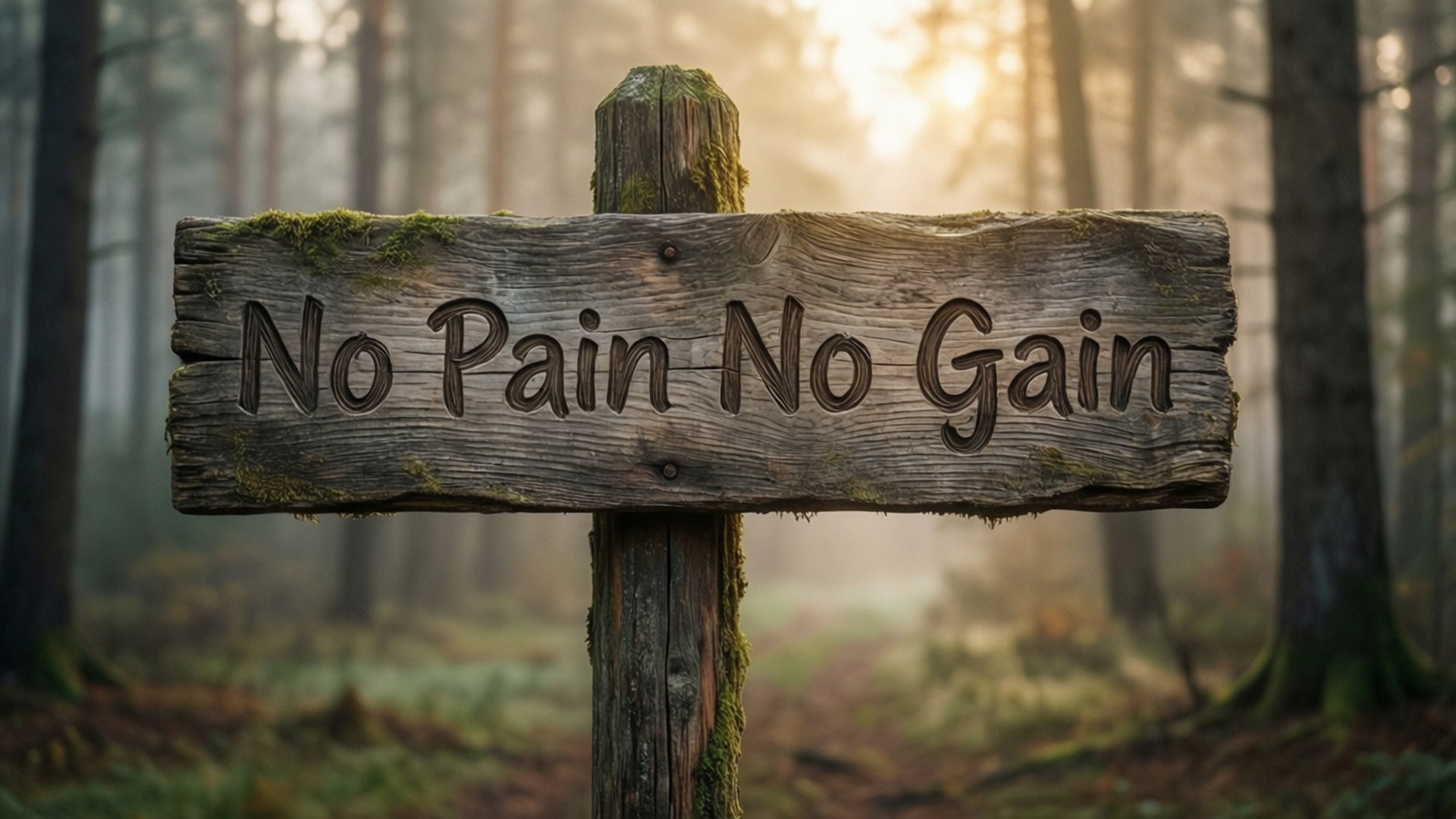 No Pain No Gain 桌布 壁紙 — 一塊風化的木牌上寫著「No Pain No Gain」，矗立在霧氣瀰漫的森林中，日出時柔和的金色光線穿過高大的樹木。
