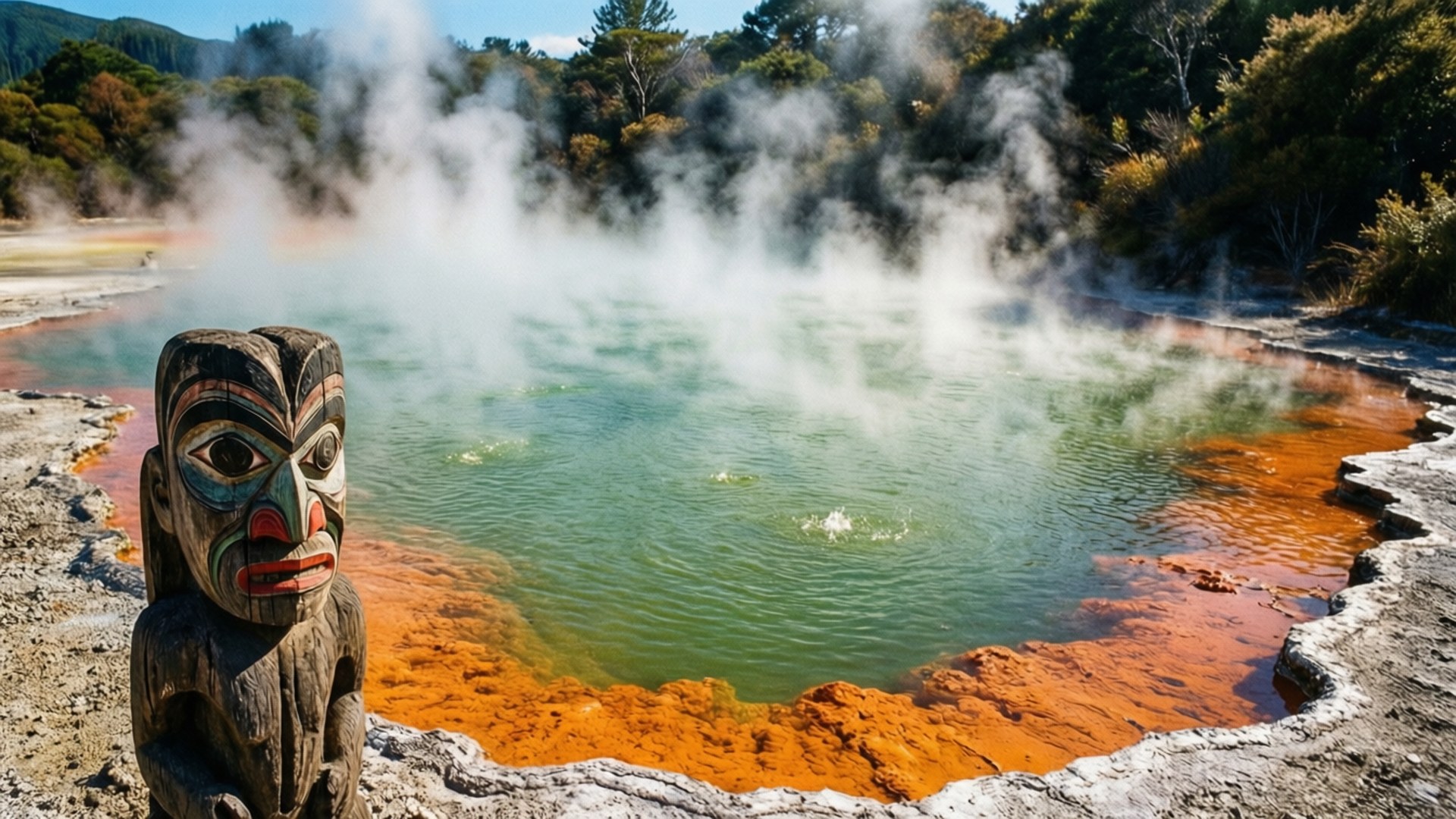Rotorua Geothermal 壁紙 — 一個風化的木圖騰，帶有繪製的眼睛和嘴唇，站在一個冒著蒸汽的地熱池前，池水閃爍著綠色和橙色的礦物色調。
