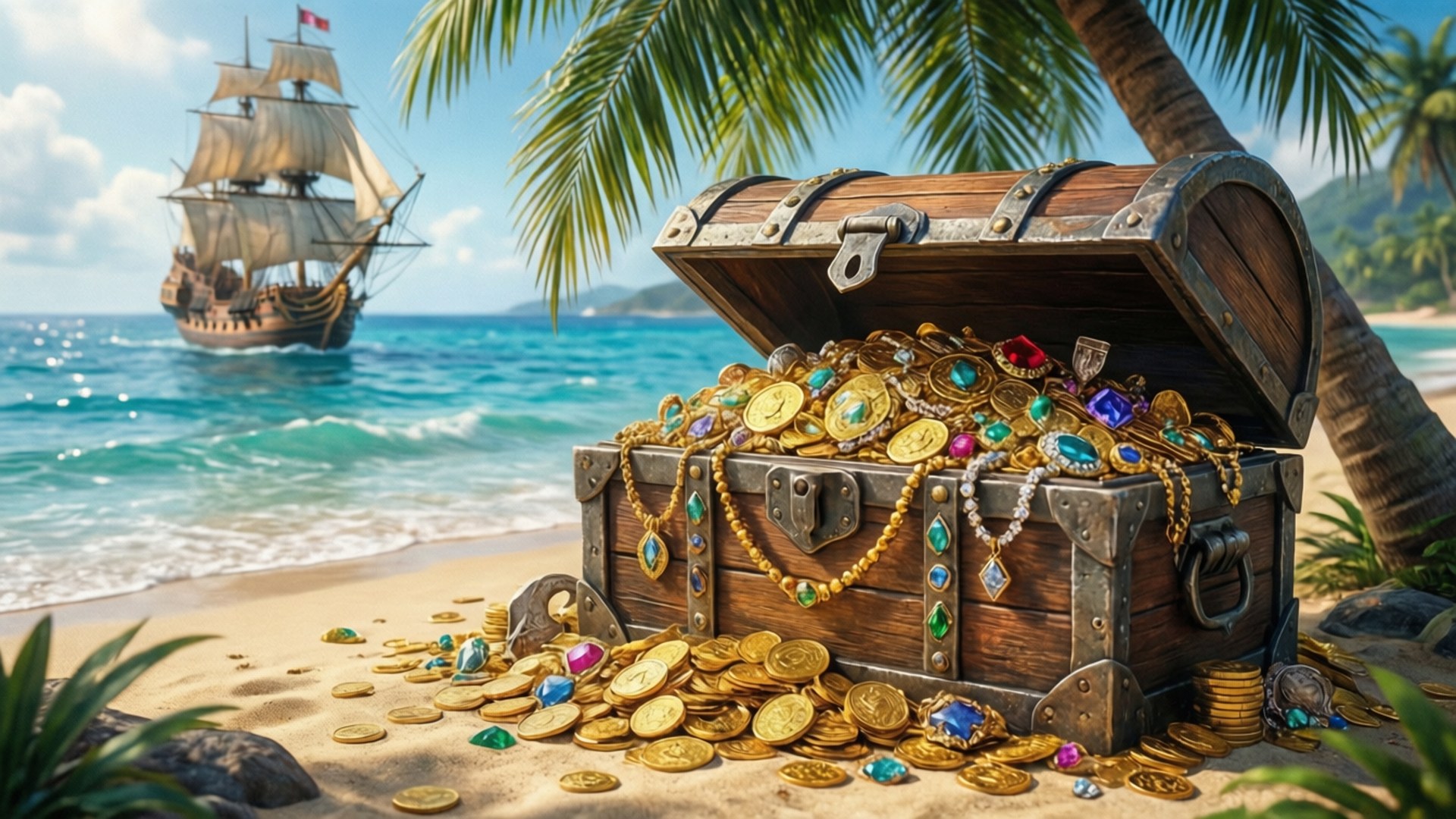 Treasure Island 壁紙 — 一個風化的木製寶箱，裝滿了金幣和色彩繽紛的寶石，放在熱帶沙灘上，遠處有一艘海盜船在航行。