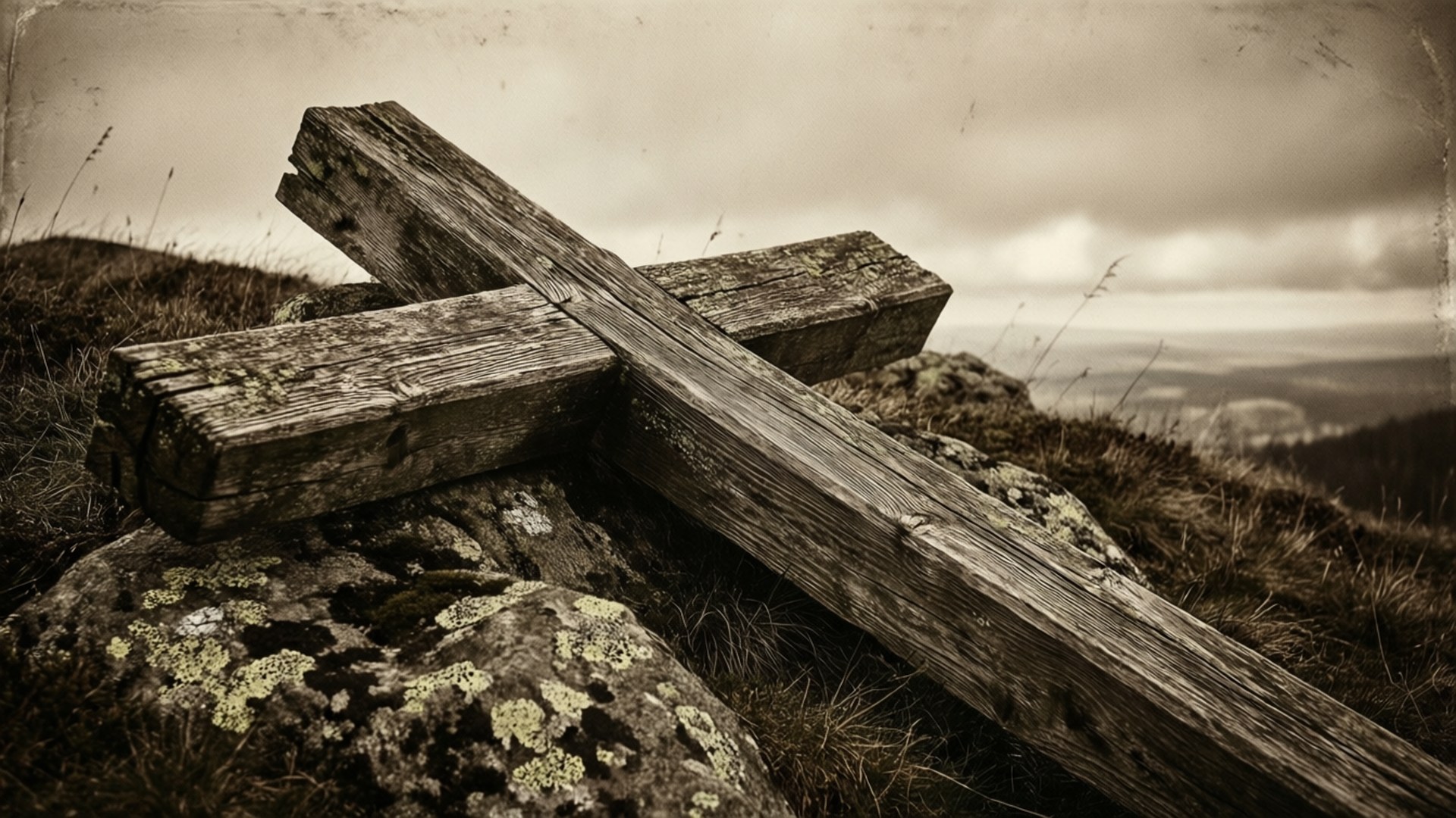 Rugged Cross 壁紙 — 一個風化的木製十字架擱在長滿青苔的石頭上，位於山頂，天空多雲。