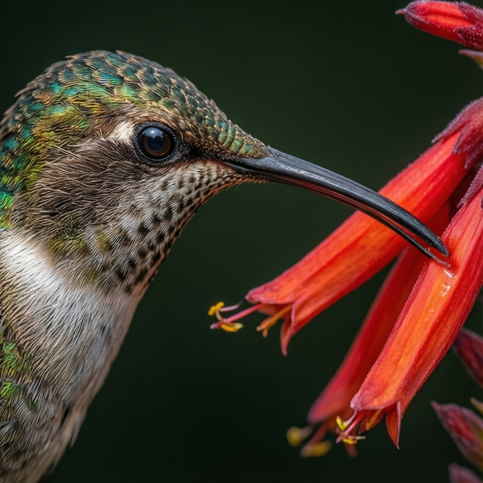 Beak in Bloom 壁紙 — 一隻帶有虹彩綠色羽毛的蜂鳥在深色背景下從鮮紅色管狀花中啜飲花蜜的特寫。