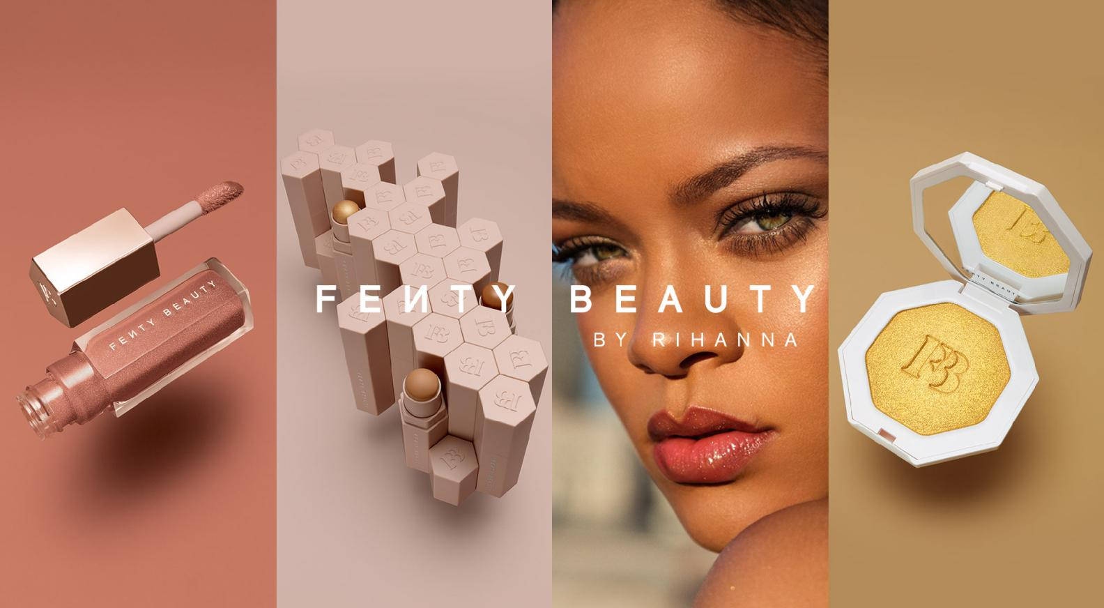 Fenty 桌布 壁紙 — Fenty Beauty產品，包括唇彩六角形包裝和金色高光，與Rihanna的臉部一起展示在暖色調的商業佈局中。