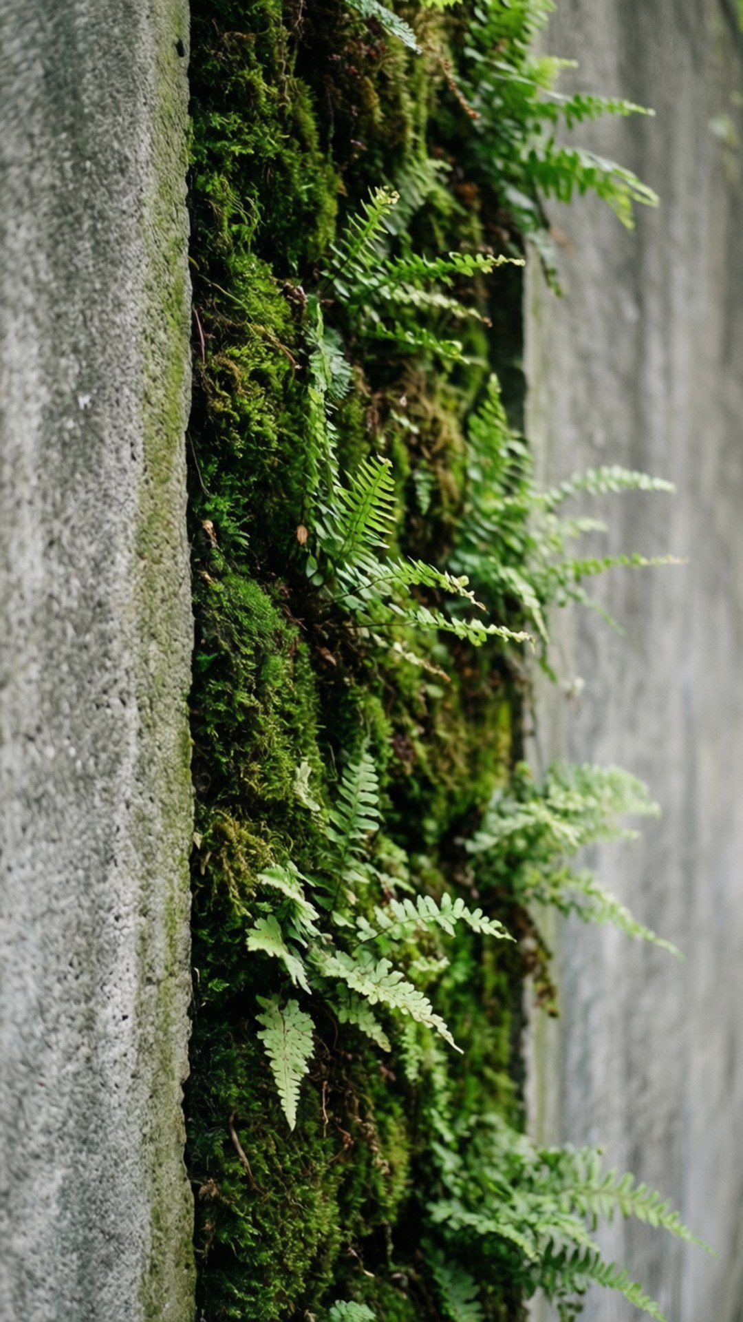 Mossy Concrete Garden 壁紙 — 蕨類和苔蘚在風化的灰色混凝土牆之間的裂縫中茂盛生長。