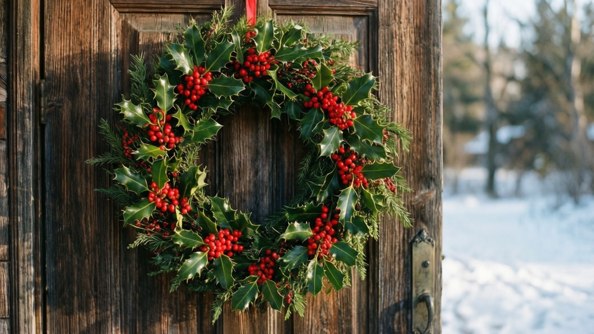 Holly Wreath Door 壁紙 — 一個節日的冬青花環，帶有鮮紅色的漿果和尖尖的綠葉，掛在風化的木門上，背景是白雪皚皚的冬季。