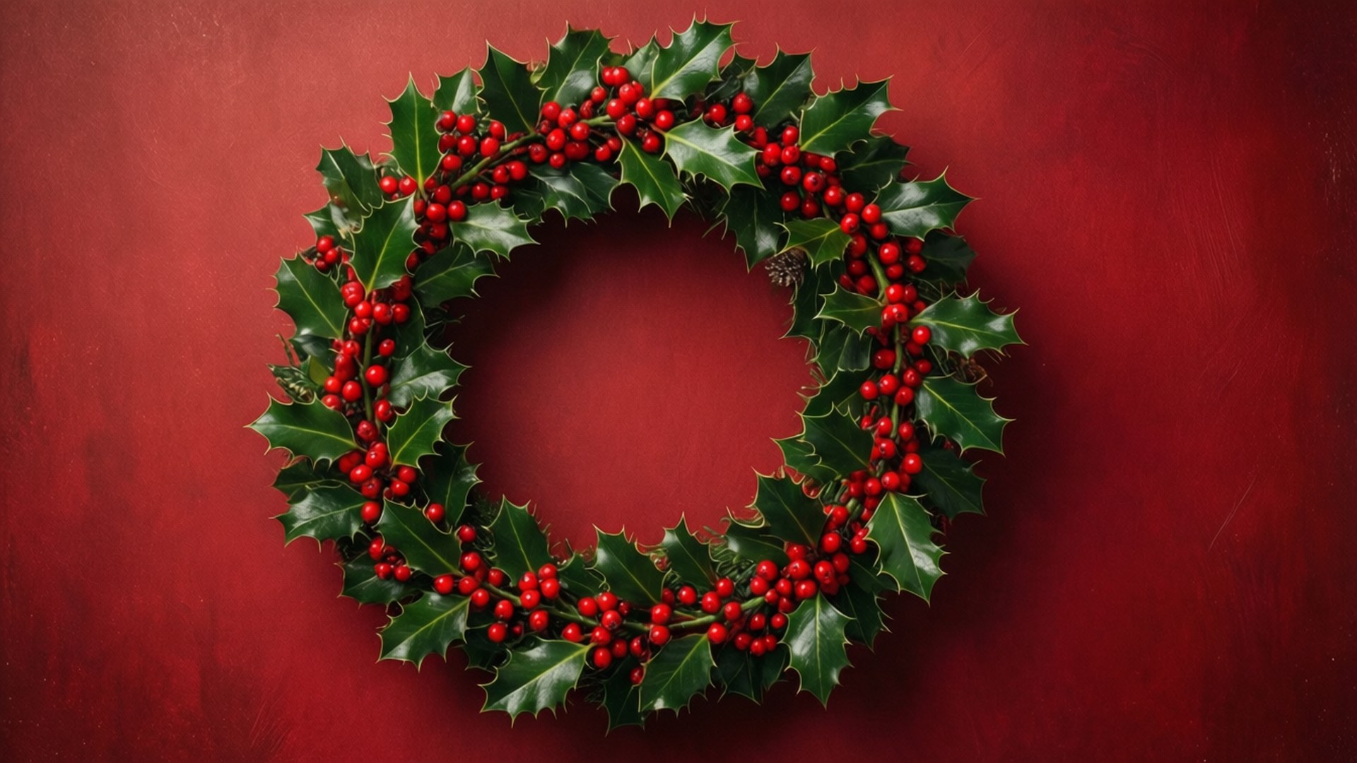 Holly Berry Wreath on Red 壁紙 — 一個節日冬青花環，帶有光澤的紅色漿果和尖刺的綠葉，居中在帶有紋理的深紅色背景上。