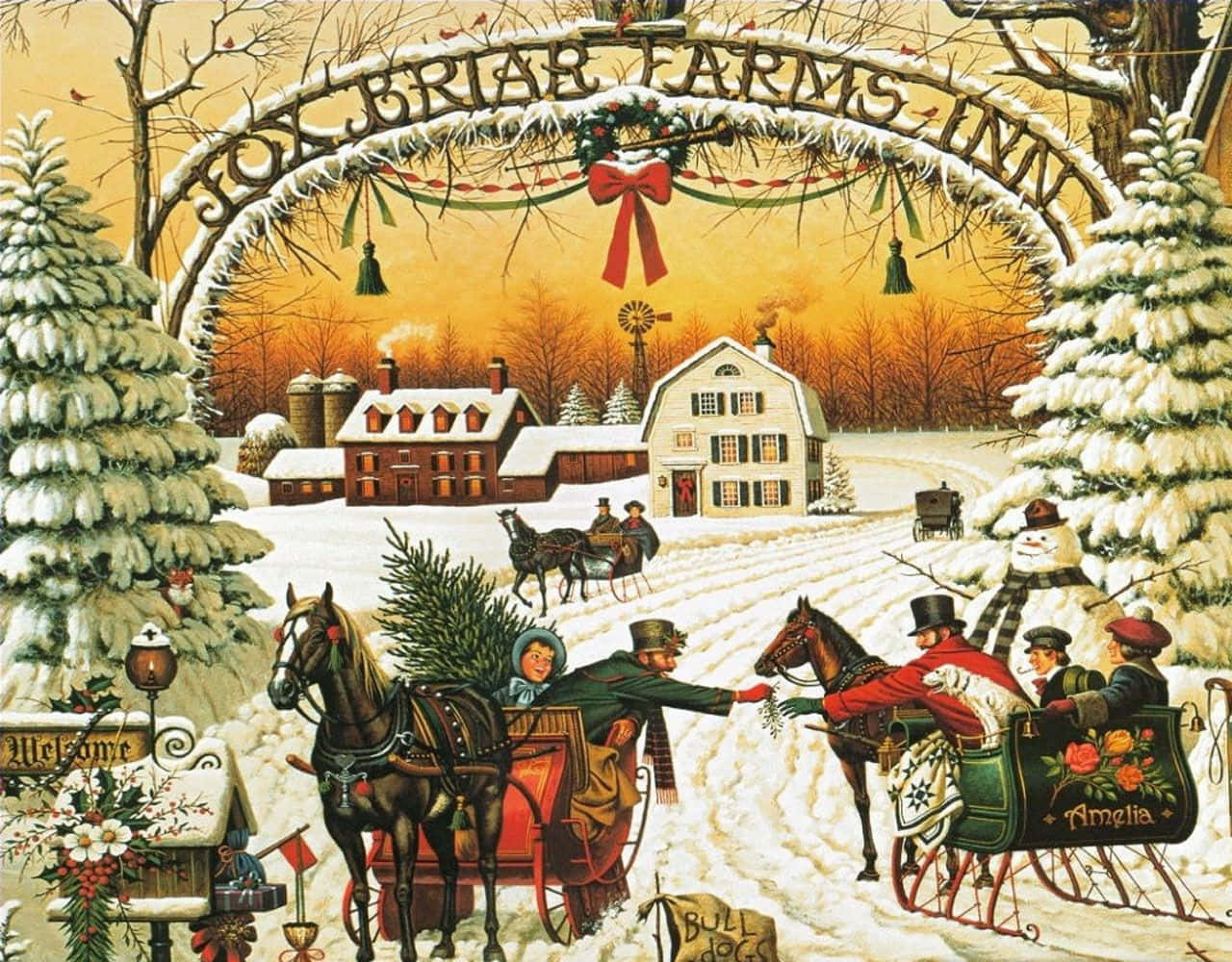 Vintage Christmas 桌布 壁紙 — Fox Briar Farms Inn 的節日冬季場景，有馬拉雪橇、白雪覆蓋的樹木和溫暖的金色日落。