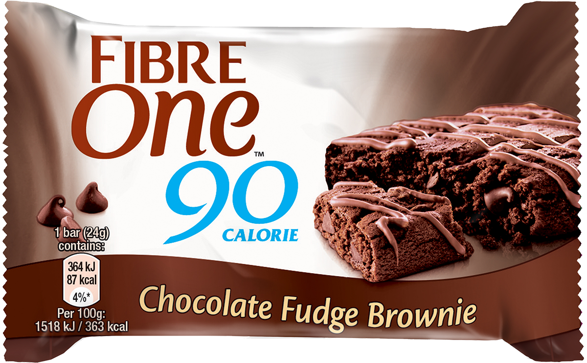 布朗尼 桌布 壁紙 — Fibre One 90卡路里巧克力軟糖布朗尼棒包裝的特寫，展示豐富的巧克力布朗尼配上巧克力淋醬。