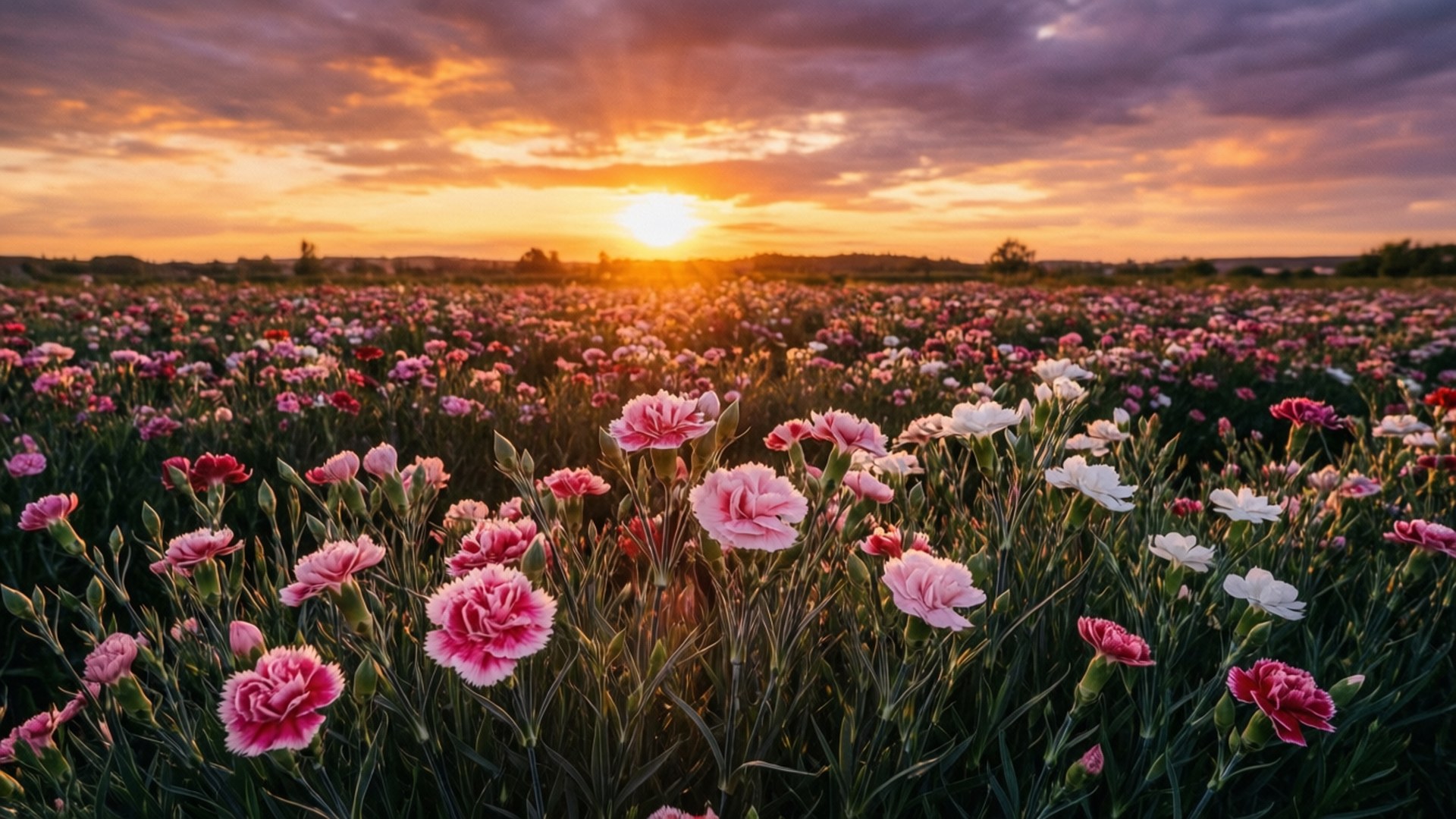 Carnation Field at Sunset 壁紙 — 一片廣闊的粉紅、白色和紅色康乃馨花田，沐浴在金色夕陽下，上方有戲劇性的橙紫色雲彩。