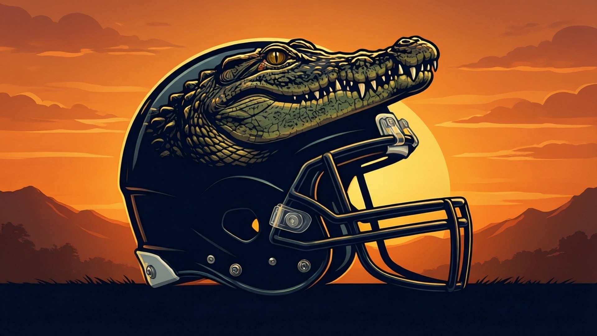 Silhouette Gator Helmet 壁紙 — 一個兇猛的鱷魚頭從美式足球頭盔中冒出，背景是遠山之上火紅的橙色日落。