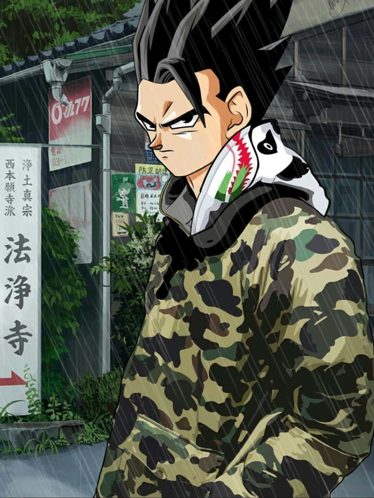  壁紙 — 一個兇猛的動漫角色，有著尖刺黑髮，在大雨中站在日本街道背景下，穿著迷彩外套和鯊魚嘴連帽衫。