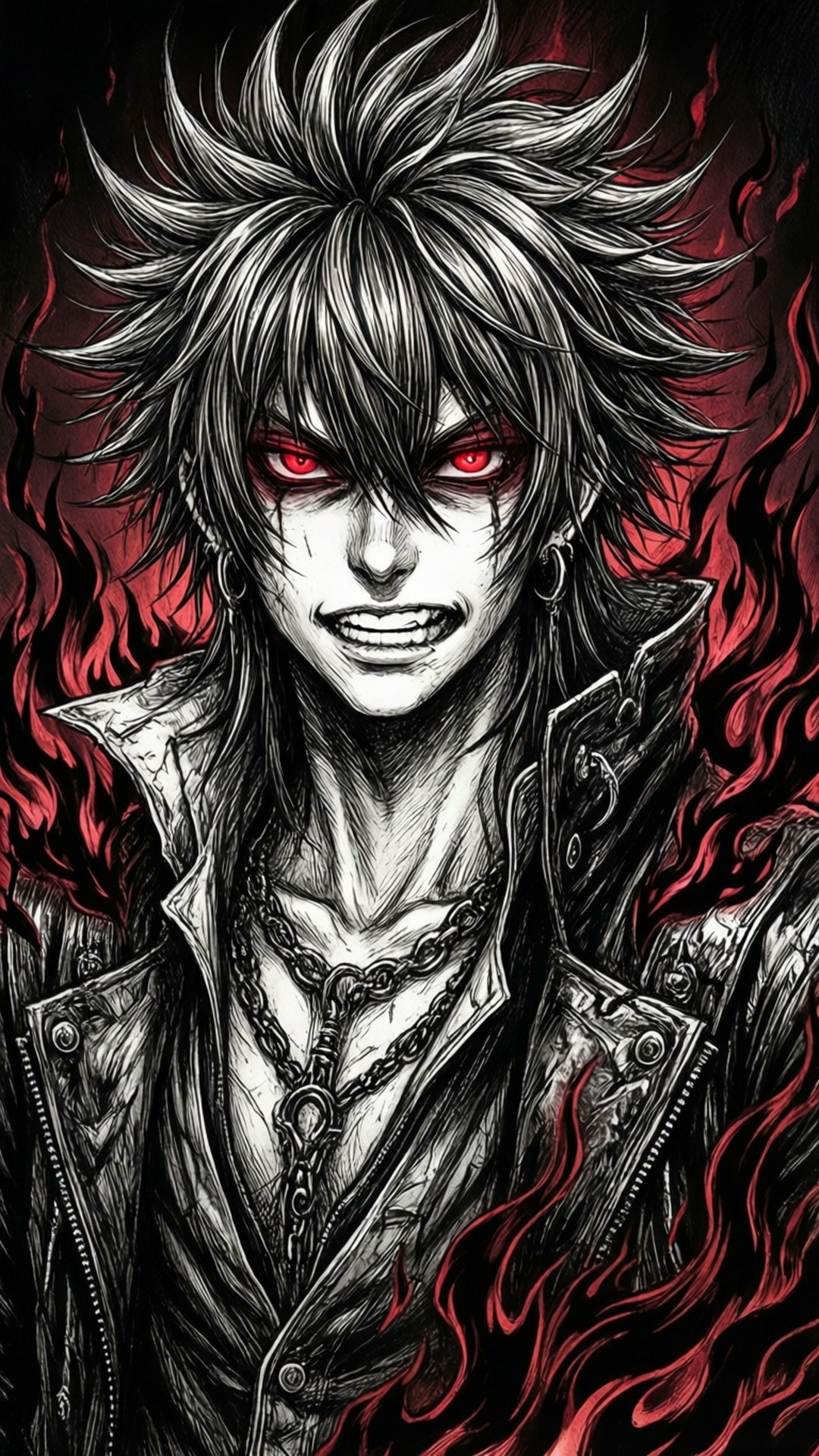 scarlxrd 桌布 壁紙 — 一個兇猛的動漫角色，擁有尖刺銀髮和發光的紅眼睛，被紅色火焰包圍。