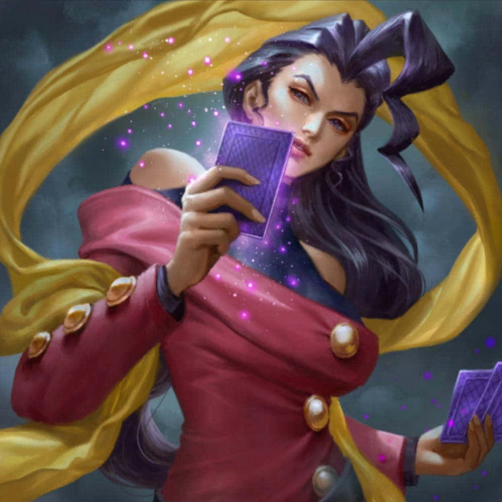  壁紙 — 一位兇猛的動漫女性，深色頭髮，飄揚的黃色圍巾，在暴風雨背景下手持發光的紫色卡片。