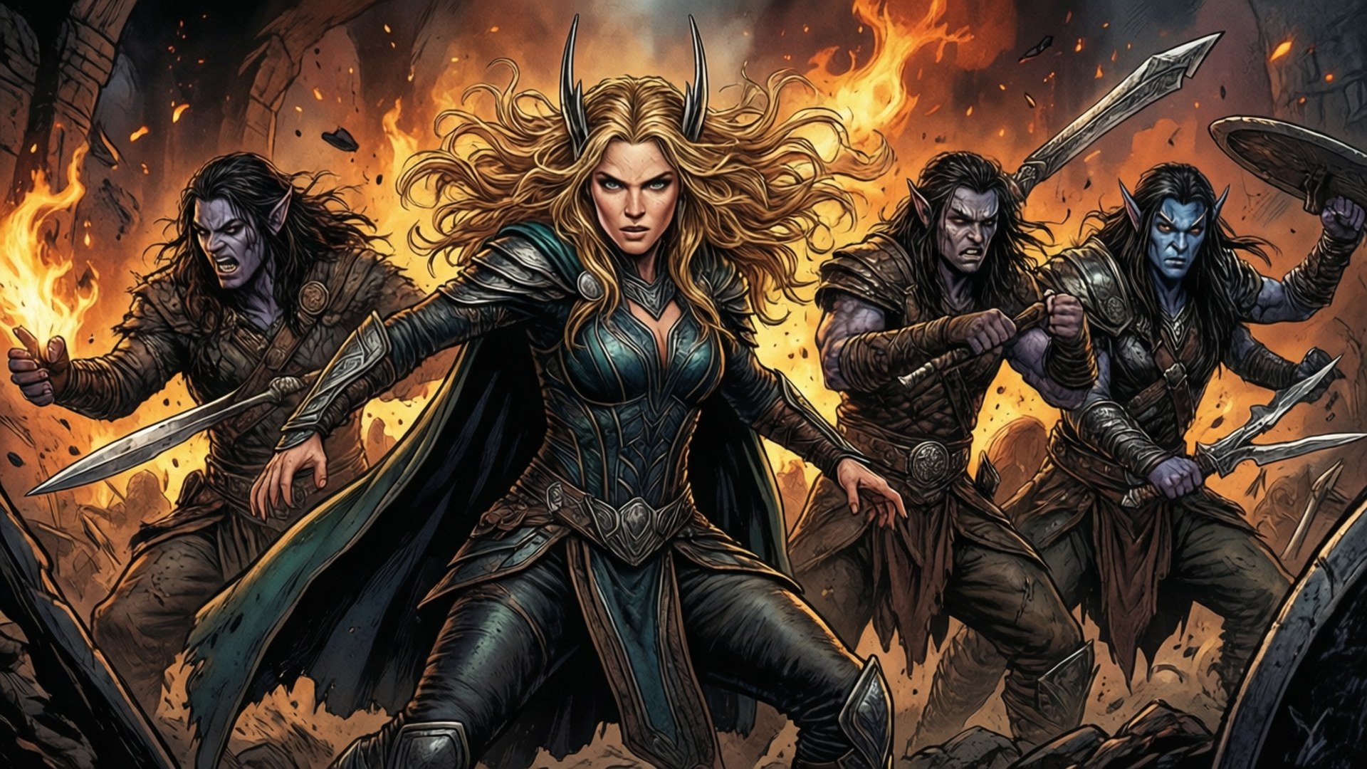Lady Sif 桌布 壁紙 — 一位兇猛的女精靈戰士，頭上有角，金色長髮飄逸，帶領四名準備戰鬥的精靈戰士穿越火焰戰場。