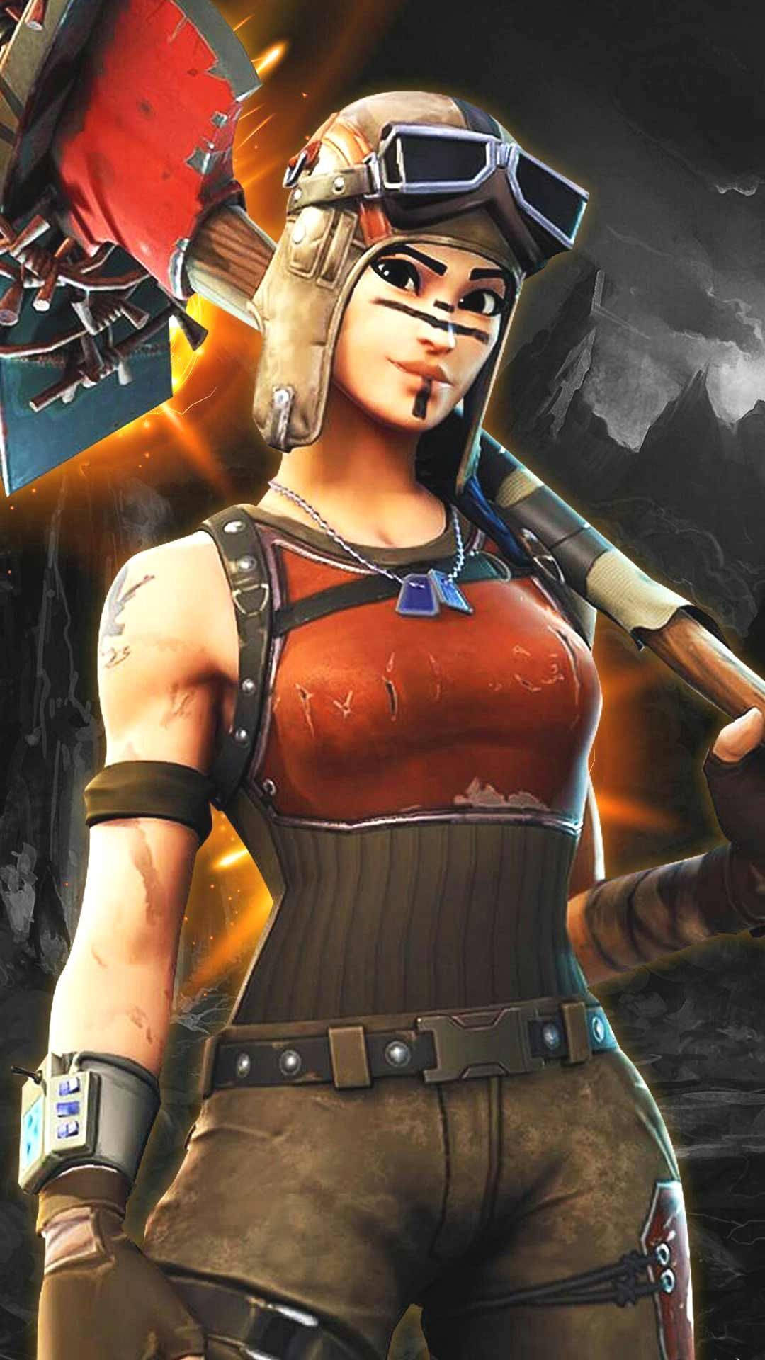 兇猛的女戰士身穿飛行員裝備，手持發光的斧頭。 — Fortnite 壁紙