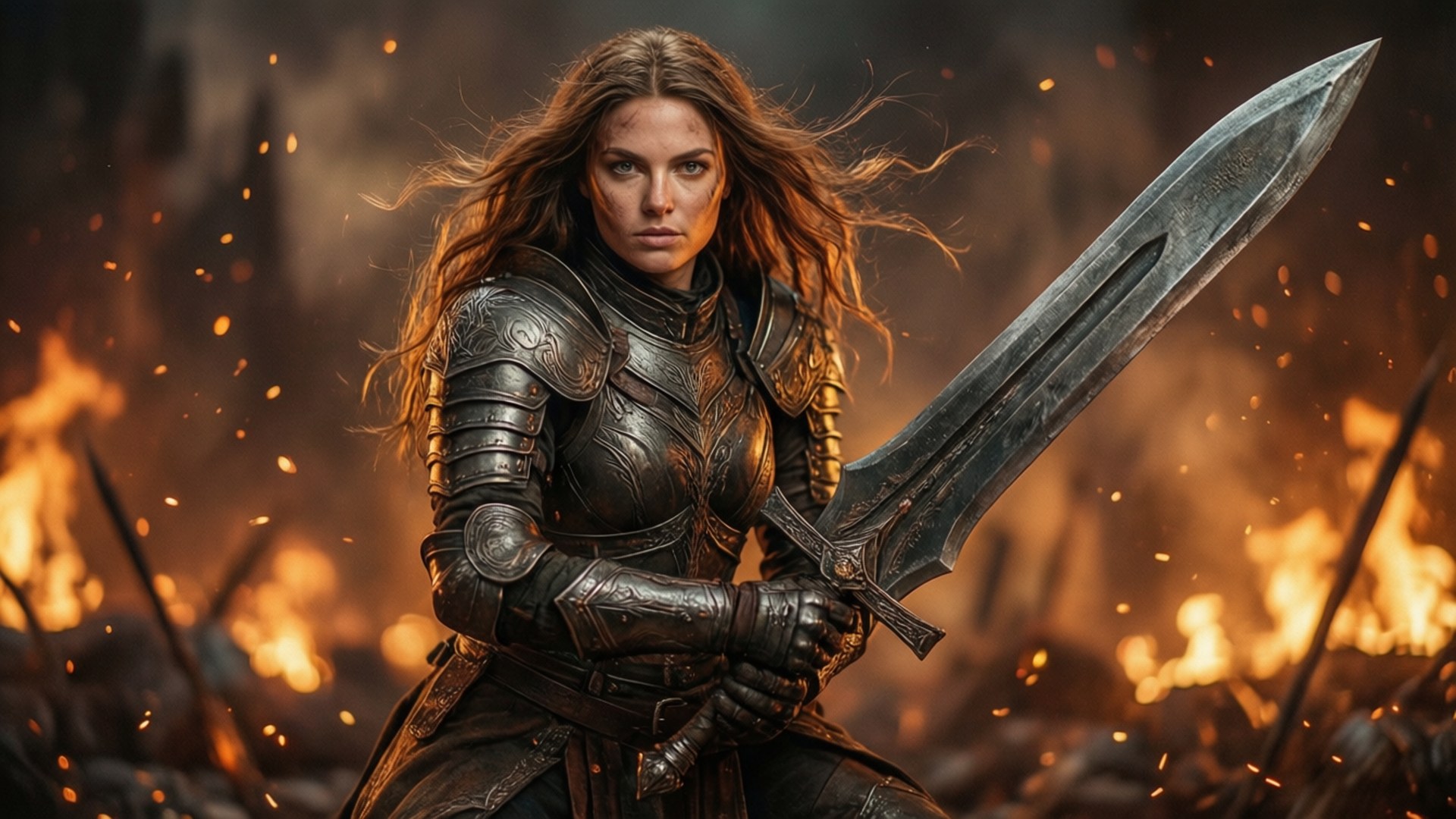 Valkyrie's Fury 壁紙 — 一位兇猛的女戰士身穿華麗的暗色盔甲，在充滿火焰和飛舞火花的戰場上握著一把巨劍。