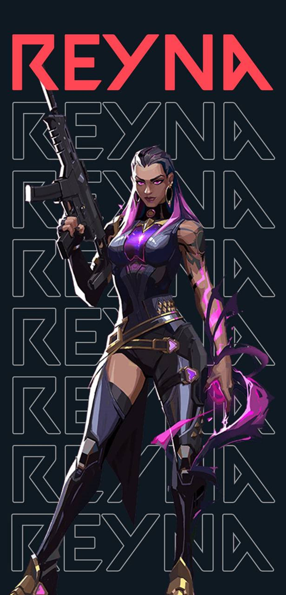一個名為 Reyna 的風格化動漫角色，手持步槍並帶有紫色能量效果。 — Valorant 壁紙