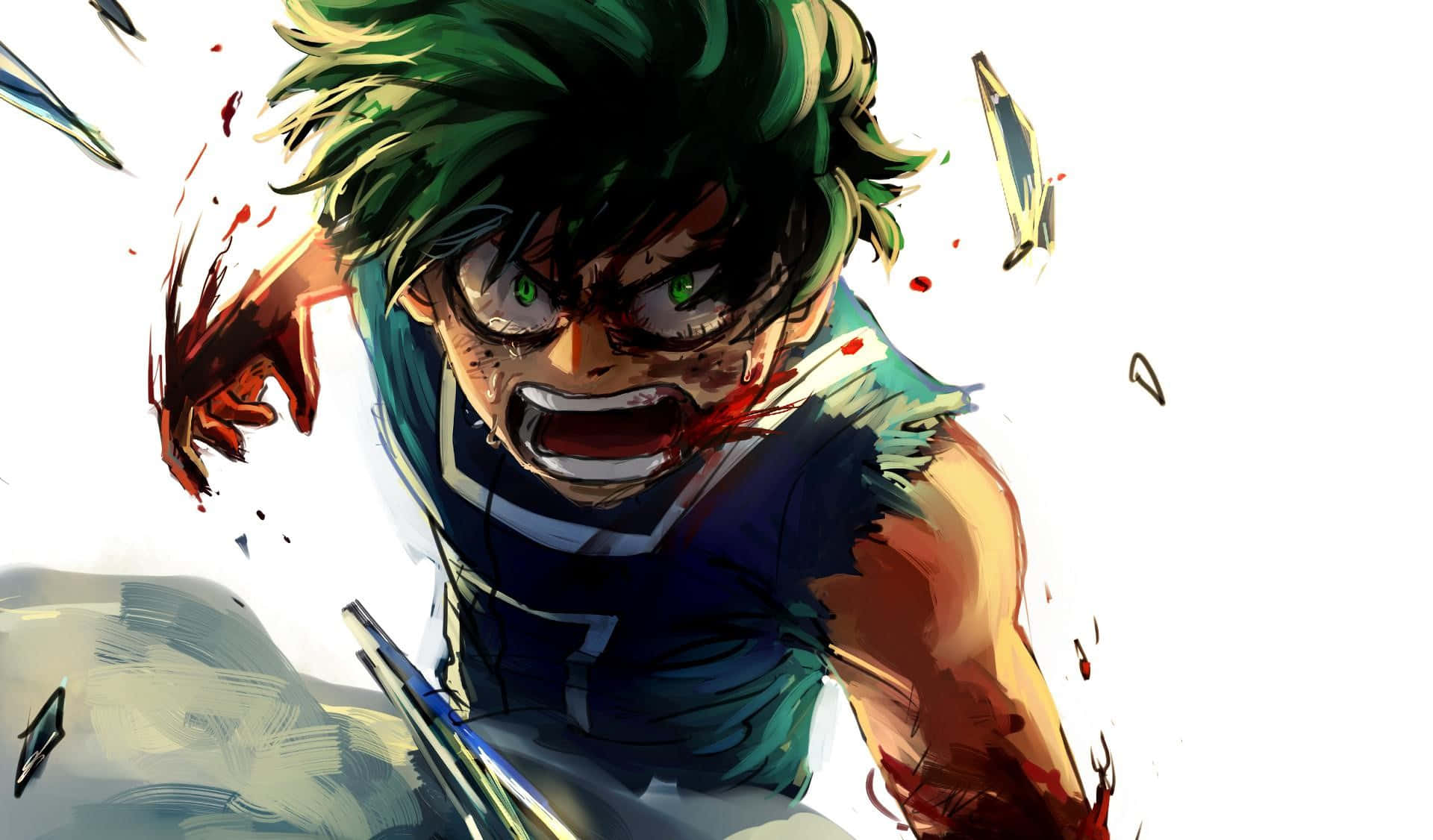 Dark Deku 桌布 壁紙 — 一個兇猛的綠髮動漫英雄，滿臉鮮血，制服破爛，在飛揚的碎片中向前衝鋒。