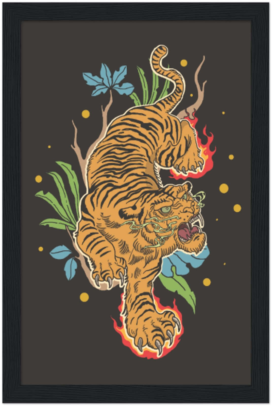  壁紙 — 一隻兇猛的橙色老虎，腳掌帶有火焰，在風格化的樹葉間跳躍，背景為深色。