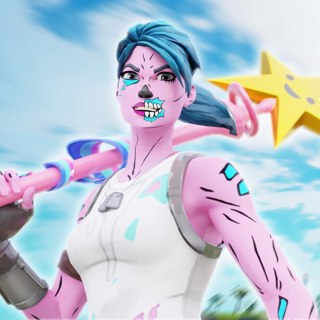  壁紙 — 一個皮膚粉紅、藍色頭髮的兇猛Fortnite角色，在明亮的天空下揮舞著發光的星星武器。