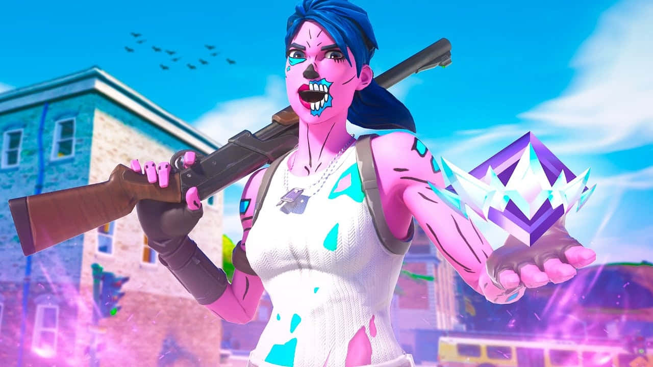  壁紙 — 一個兇猛的粉紅色皮膚Fortnite角色，藍色頭髮，在充滿活力的城市環境中揮舞著霰彈槍和發光的水晶。