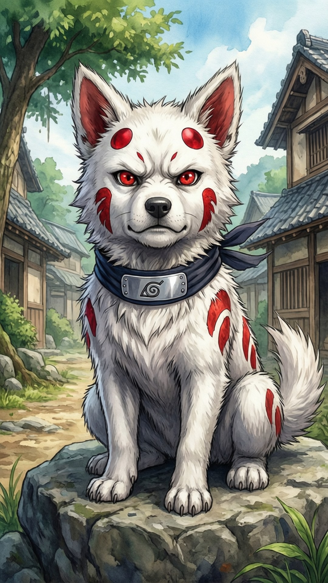 Akamaru the Ninja Dog 壁紙 — 一隻帶有紅色標記和發光眼睛的兇猛白狐坐在傳統日本村莊環境中的岩石上。