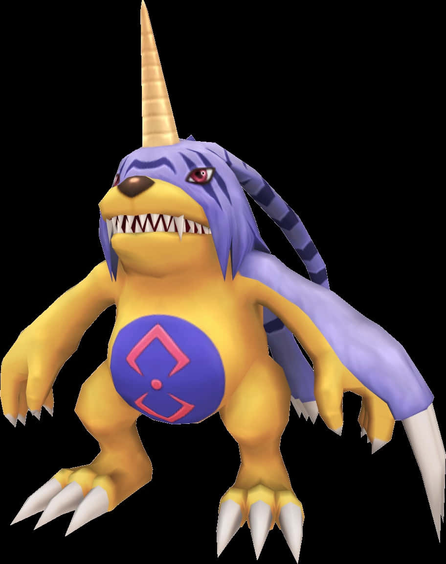 Gabumon 桌布 壁紙 — 一隻兇猛的黃色和紫色數位怪物，有角、鋒利的牙齒和爪子，站在黑色背景前。