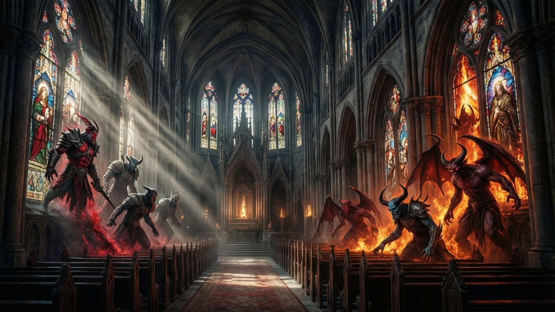 Cathedral of Chaos 壁紙 — 熾熱的惡魔生物湧入哥德式大教堂，彩色玻璃窗將彩色光線投射在石拱門和長椅上。