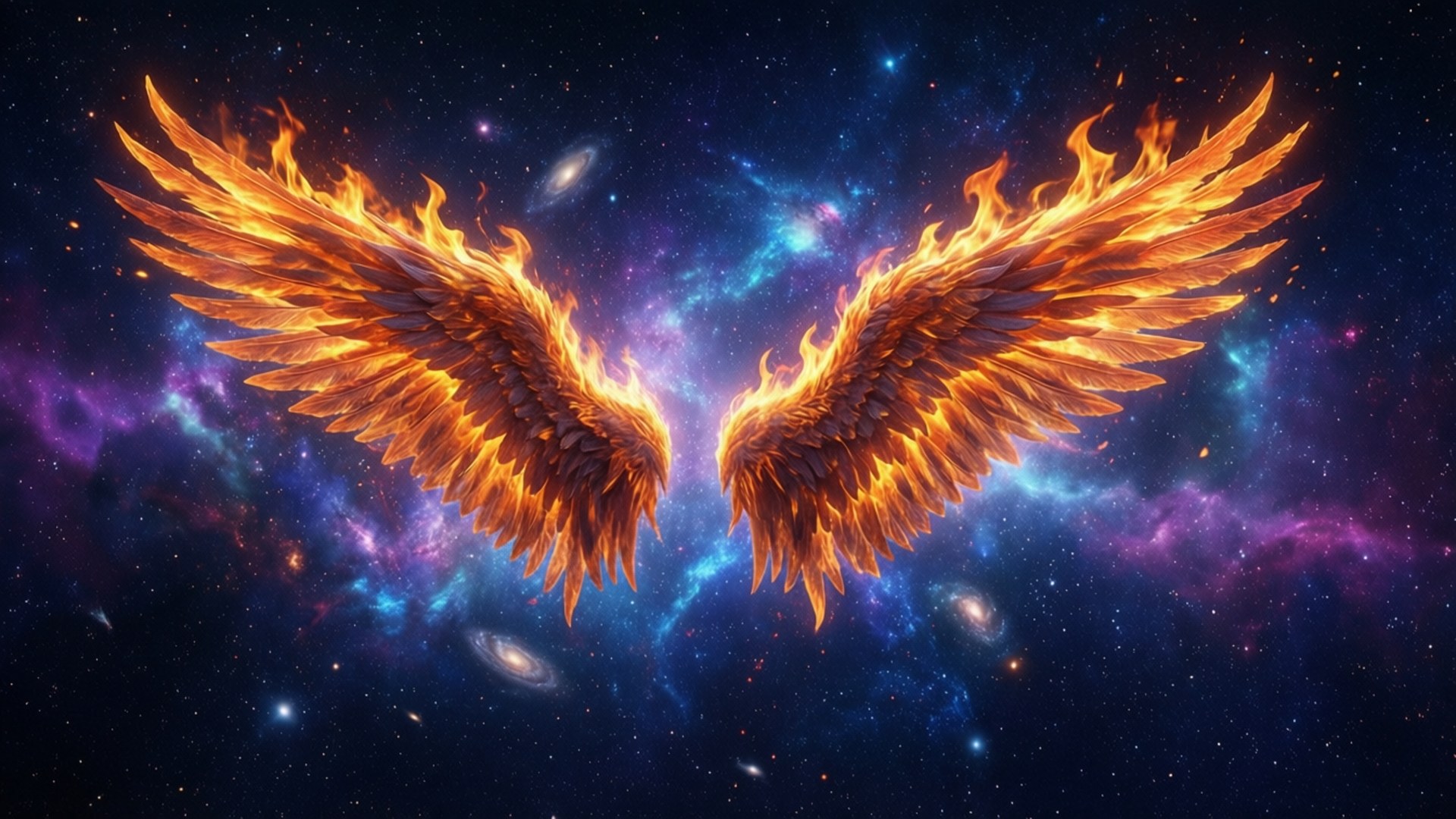 Cosmic Fire Wings 壁紙 — 熾熱的金色翅膀在旋轉星系和星場的宇宙背景下展開。