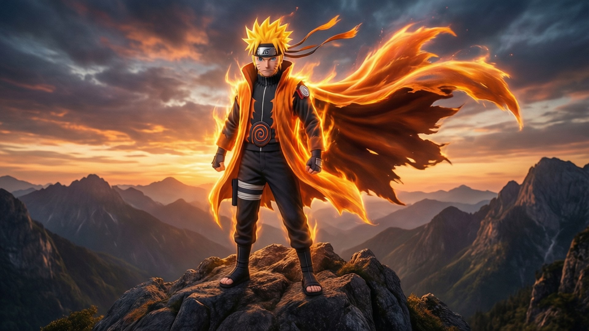 Peak of Power 壁紙 — 一位火紅頭髮的動漫戰士在日落時分站在岩石山頂上，他的斗篷在戲劇性的天空下燃燒。
