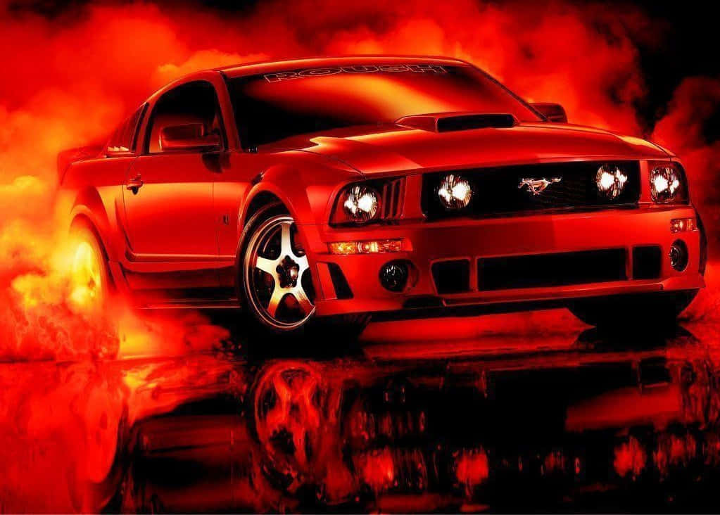Ford Mustang Roush 桌布 壁紙 — 一輛火紅色的福特野馬跑車，在反光的濕滑路面上，車頭燈閃爍，後輪噴出火焰。