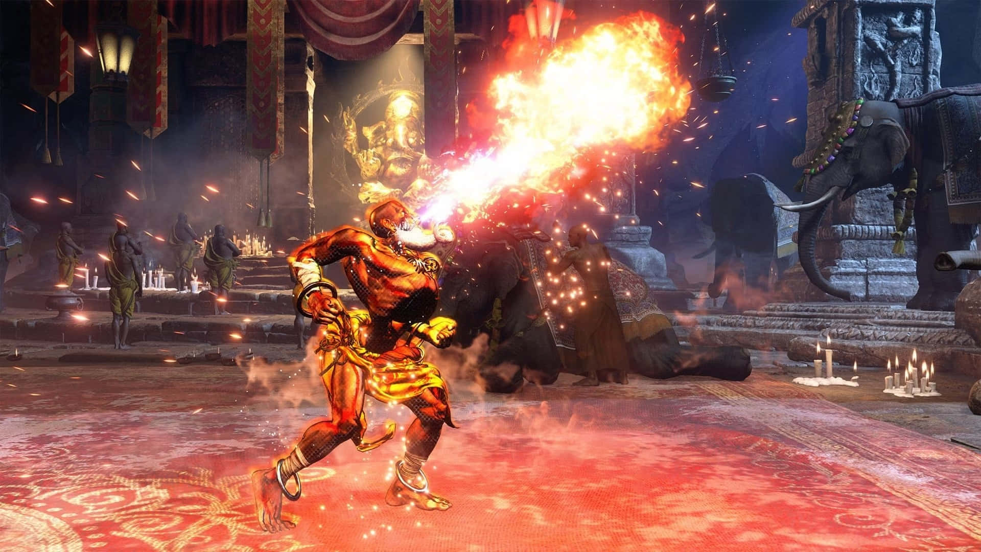 紅皮膚戰士在一個有蠟燭照明、擺放大象雕像的寺廟中噴火。 — Fire Emblem Warriors 壁紙