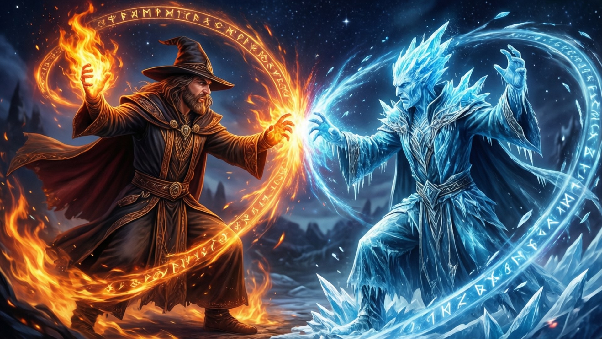 Mages' Clash 壁紙 — 一位火系巫師和一位冰系巫師在星空下被旋轉的元素符文包圍的宇宙決鬥中碰撞。