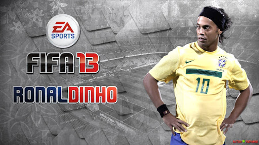 羅納迪紐 桌布 壁紙 — FIFA 13 封面，羅納迪尼奧身穿巴西黃色球衣，自信地站在風格化的球場背景前。