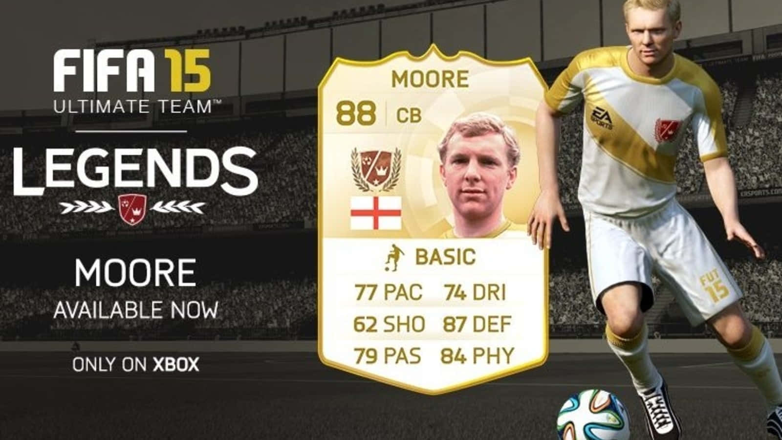 足球 桌布 壁紙 — FIFA 15 Ultimate Team Legends 卡， featuring 足球員 Moore 在球場，附有統計數據和 'available now' 文字。