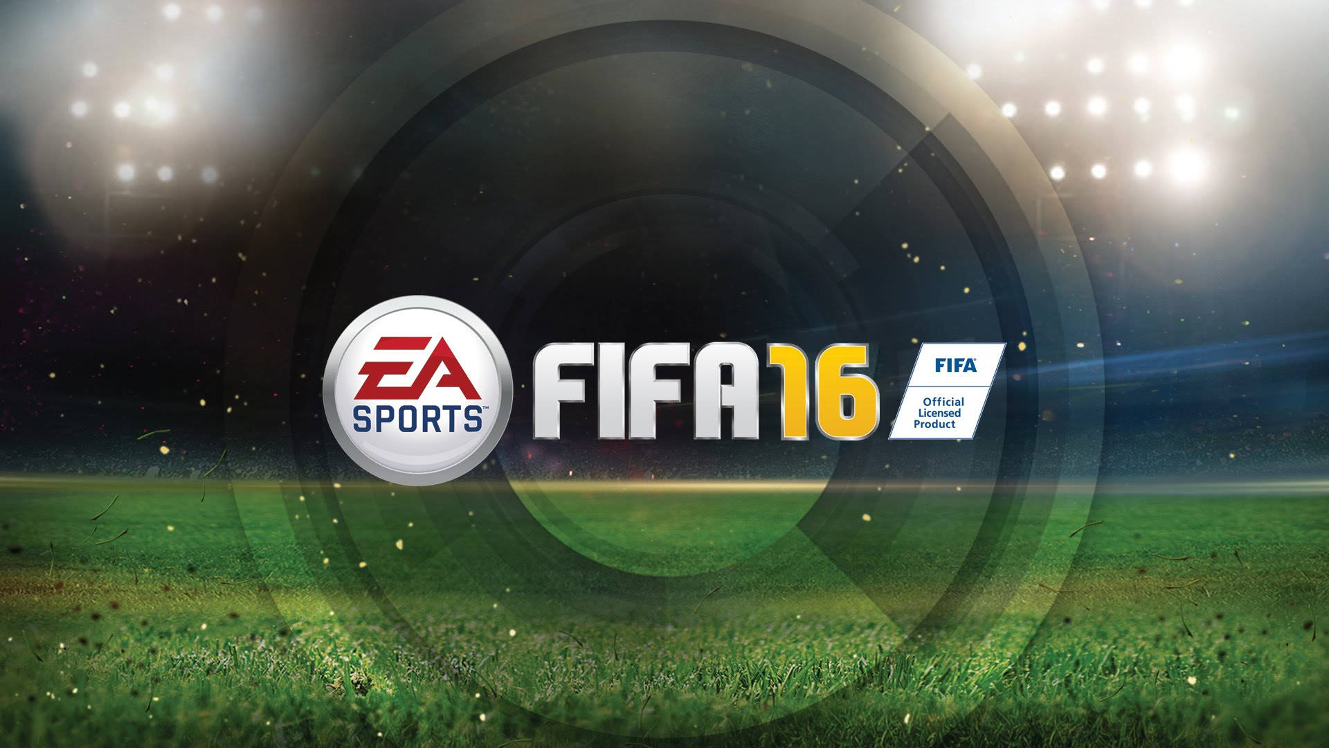 筆電 桌布 壁紙 — FIFA 16 遊戲標誌居中於夜間明亮體育場燈光下的鮮綠色足球場上。