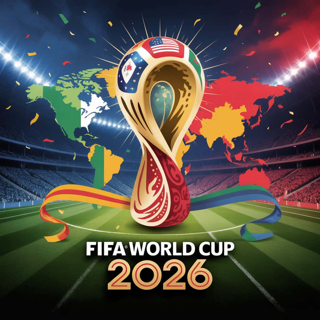 FIFA WORLD CUP 2026 壁紙 — FIFA 2026 世界盃獎盃在球場上閃耀，背景是色彩繽紛的世界地圖和五彩紙屑。