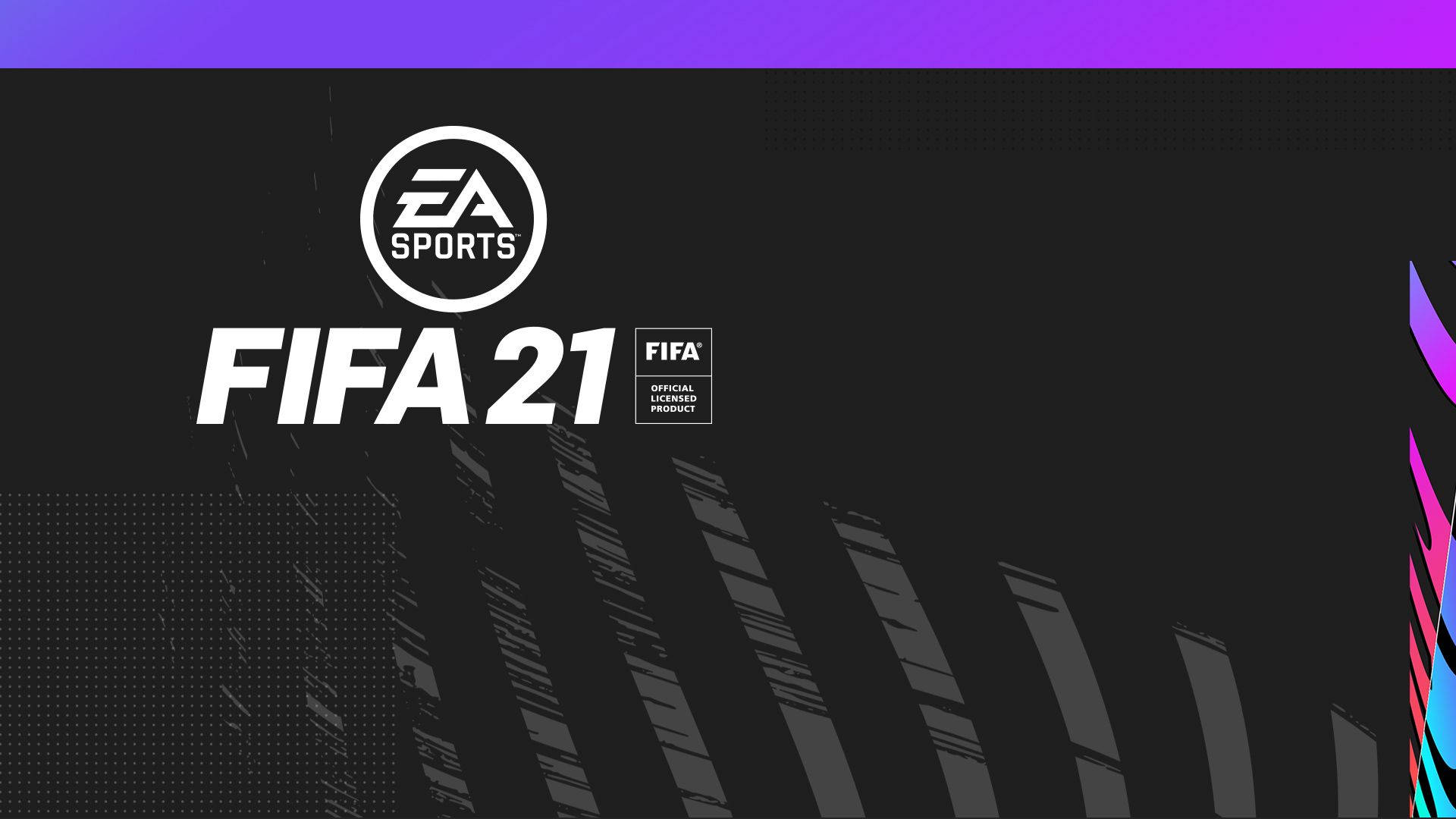 足球 桌布 壁紙 — FIFA 21 EA Sports 標誌，黑色背景搭配紫色和多彩抽象點綴。