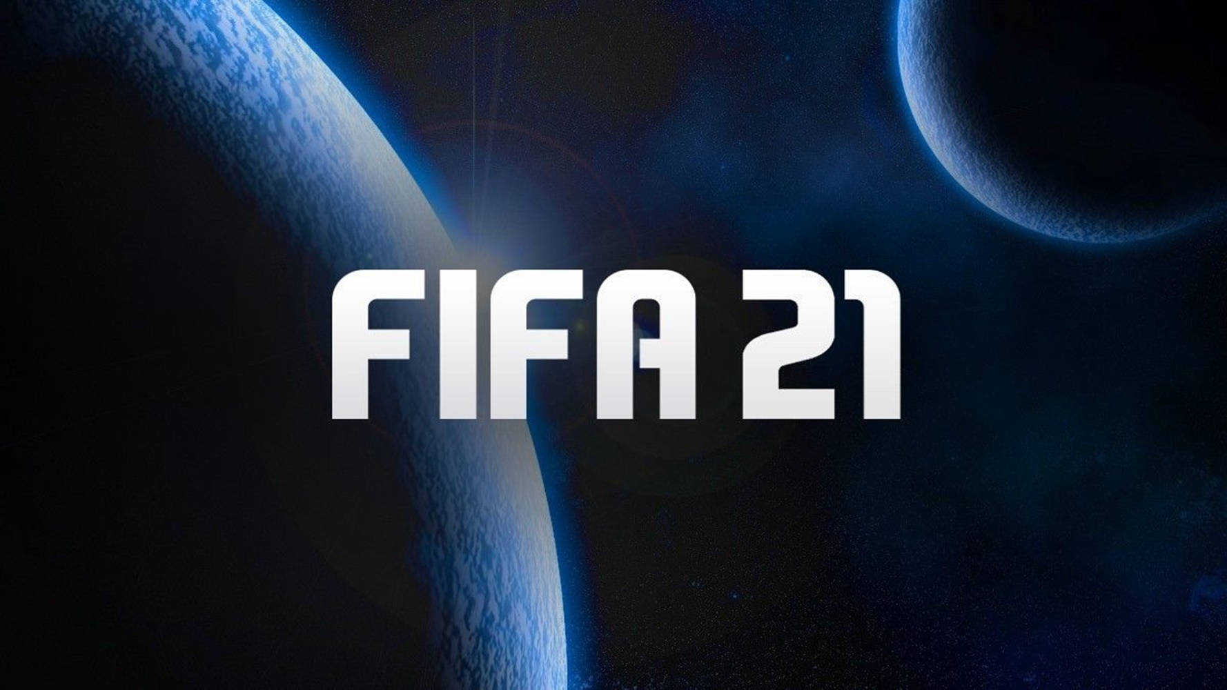 足球 桌布 壁紙 — FIFA 21 標誌以粗體白色字母居中，背景為藍色行星和恆星的宇宙背景。