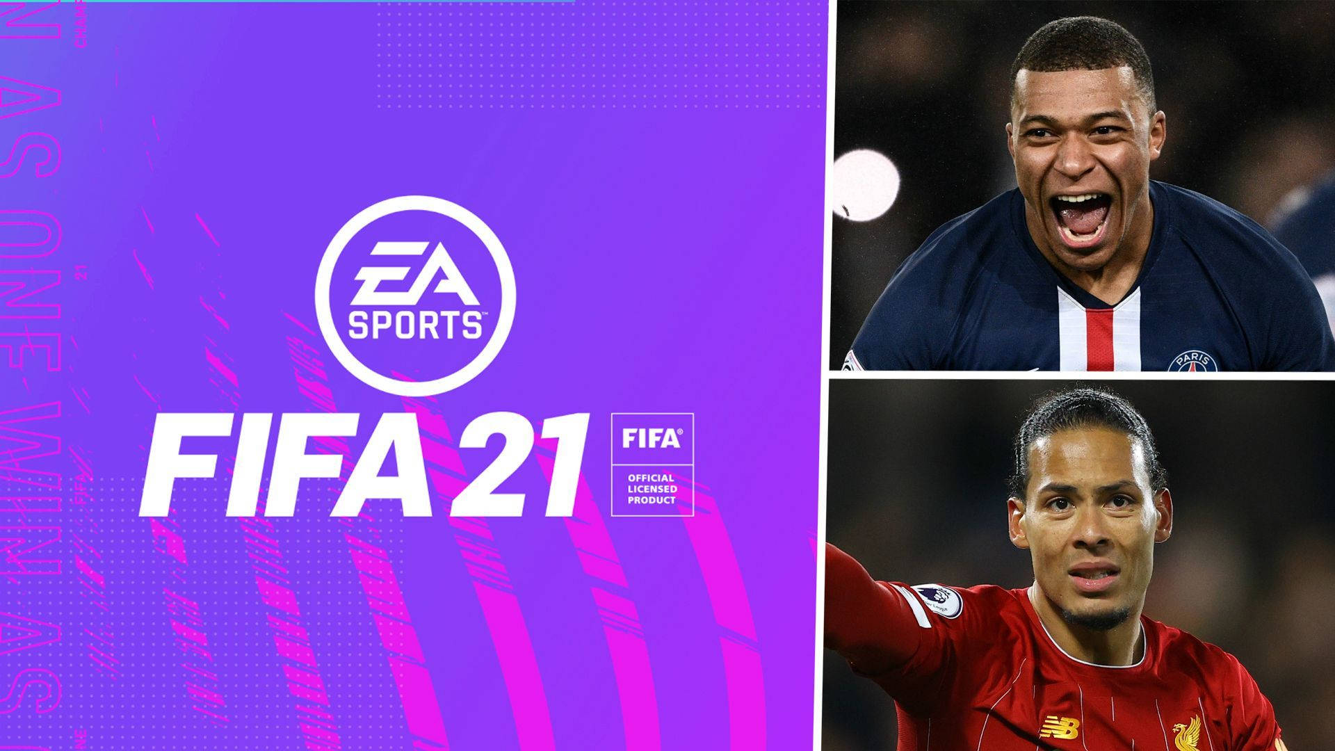 足球 桌布 壁紙 — FIFA 21 遊戲封面，帶有 EA Sports 標誌和兩名足球運動員在充滿活力的紫色背景上擺出動作姿勢。
