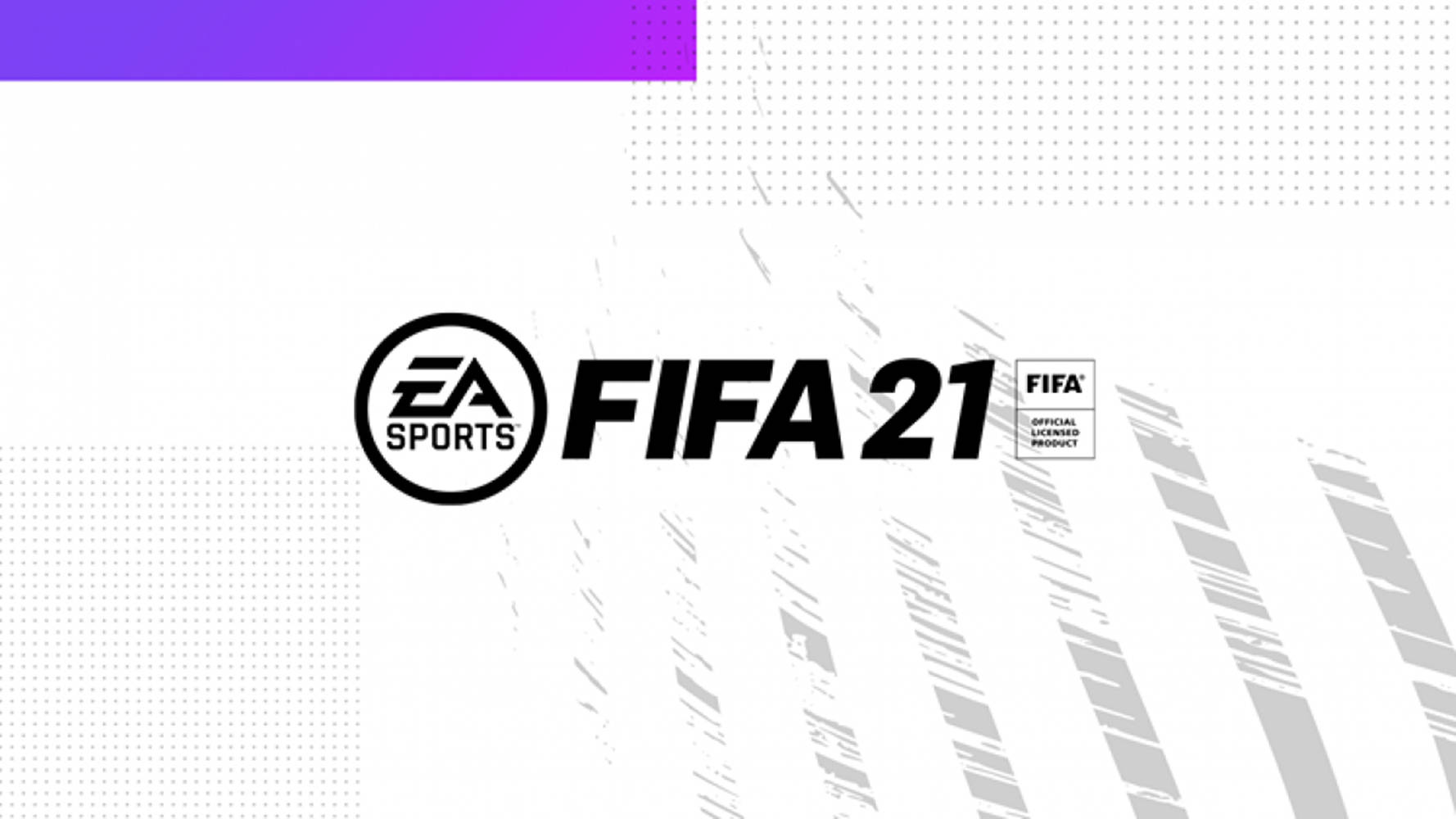 足球 桌布 壁紙 — FIFA 21 遊戲標誌，帶有 EA Sports 品牌，白色背景，紫色點綴和灰色抽象條紋。