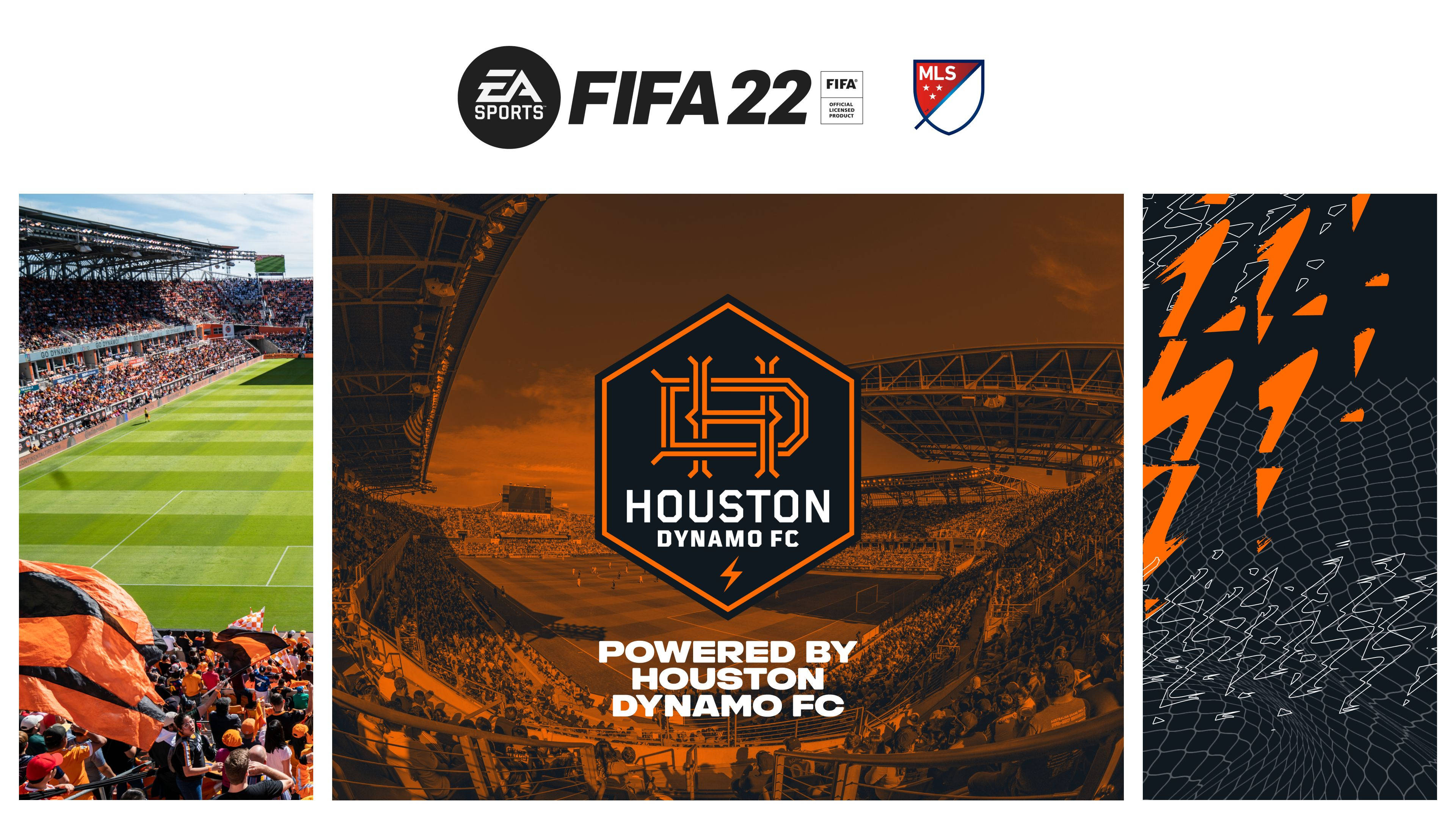足球 桌布 壁紙 — FIFA 22 宣傳壁紙，以休士頓迪納摩FC為特色，包含球場鏡頭和抽象橙色閃電圖形。
