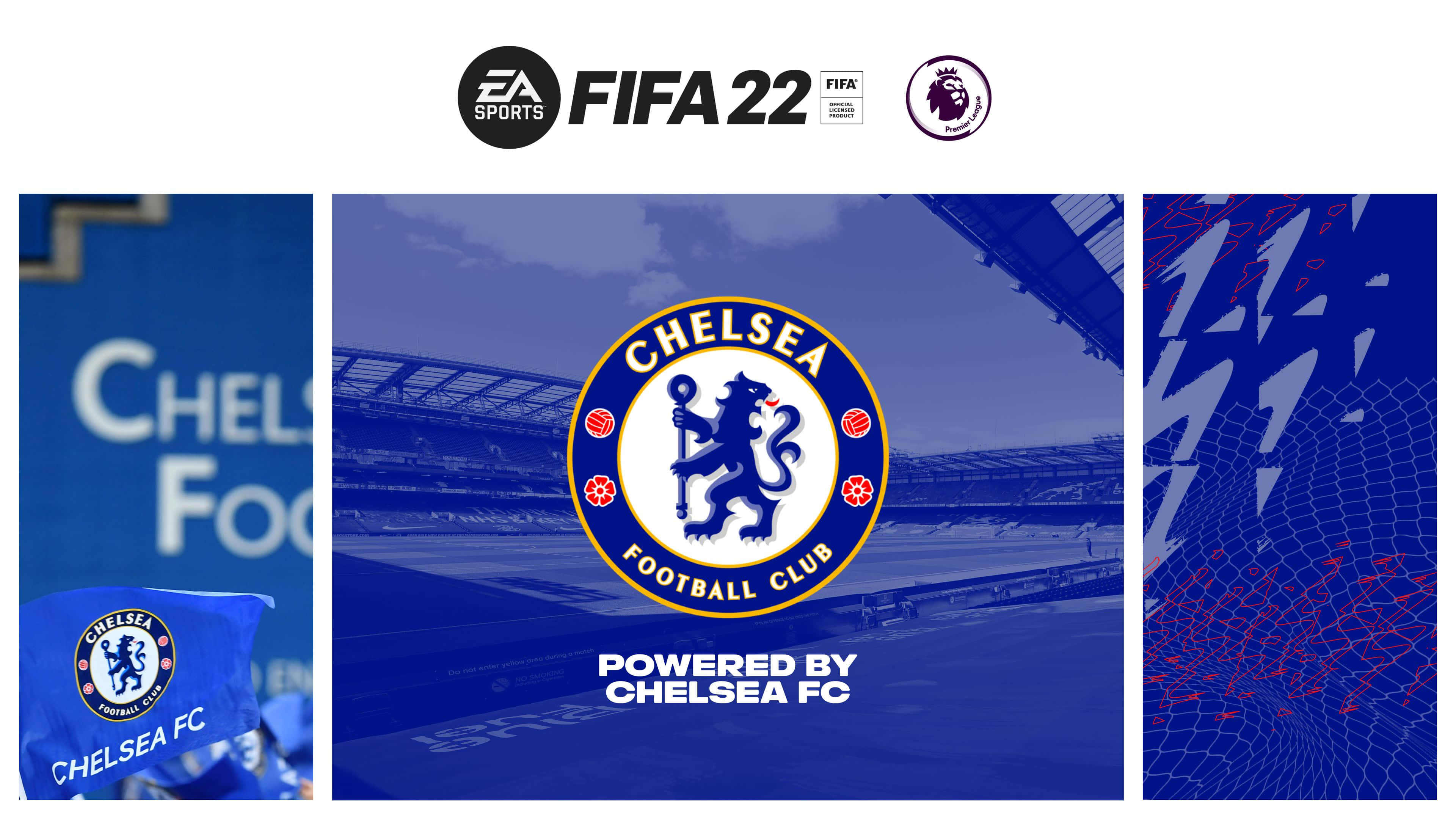 切爾西 桌布 壁紙 — FIFA 22 宣傳壁紙，以切爾西足球俱樂部標誌為特色，背景為球場，帶有藍色和紅色點綴。