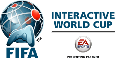 互動式 桌布 壁紙 — FIFA Interactive World Cup 標誌，包含一個帶有紅點的地球儀和一個藍色遊戲控制器，背景為黑色。