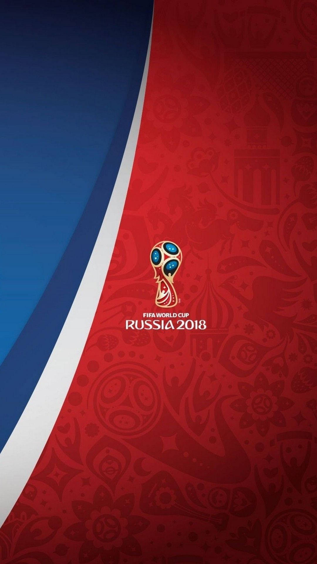 World 桌布 壁紙 — FIFA World Cup Russia 2018 標誌居中於帶有藍色和白色對角條紋的紅色圖案背景上。