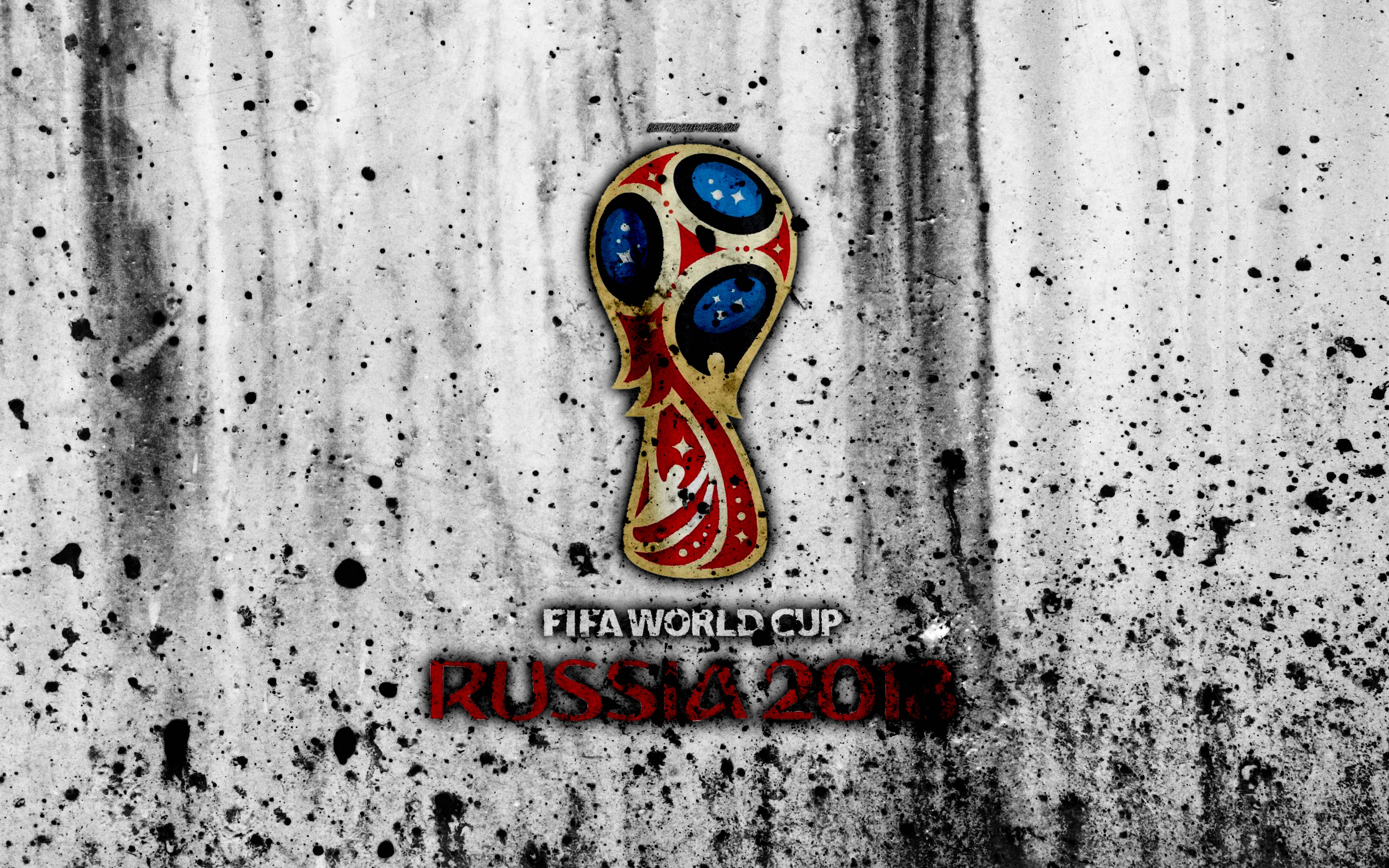 World 桌布 壁紙 — FIFA世界盃俄羅斯2018標誌，紅藍金設計，粗糙紋理混凝土背景。