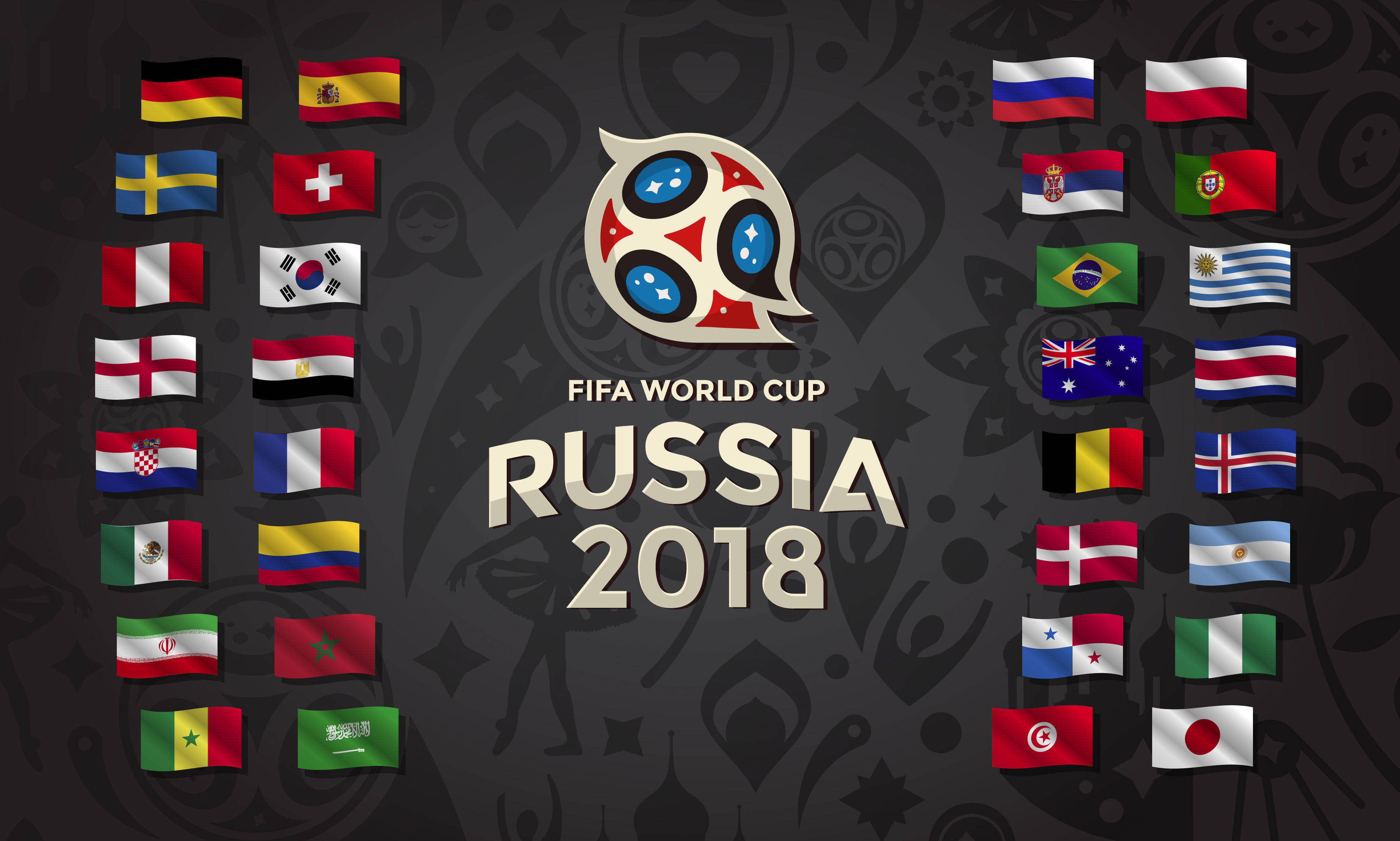 World 桌布 壁紙 — FIFA世界盃俄羅斯2018標誌，周圍環繞著參賽國家的飄揚旗幟，背景為深色圖案。